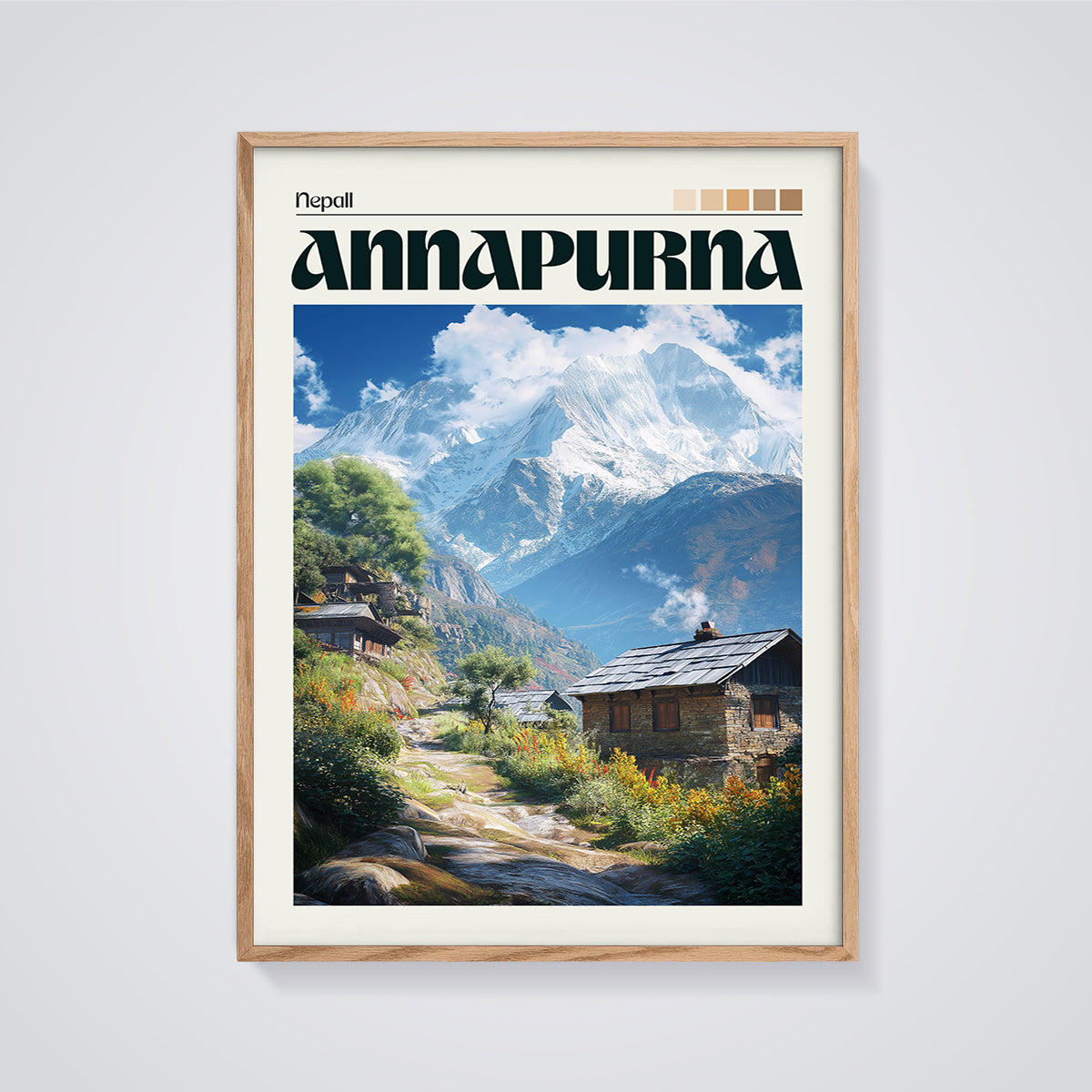 Annapurna Nepal Mountain Print framed in oak on a grey background