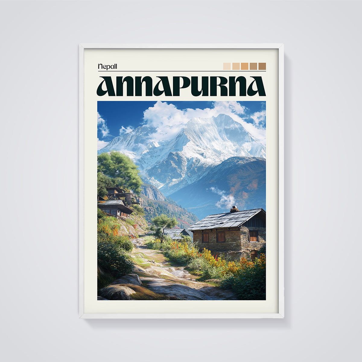 Annapurna Nepal Mountain Print framed in white on a grey background