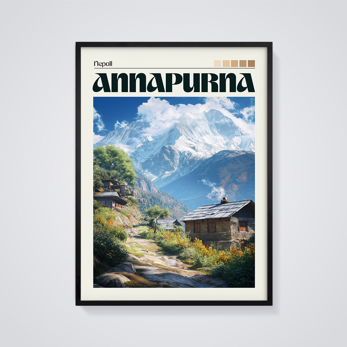 Annapurna Nepal Mountain Print framed in black on a grey background