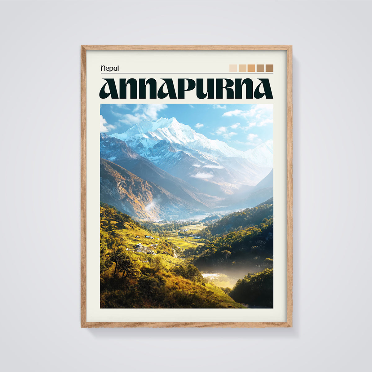 Annapurna Nepal Valley Print framed in oak on a grey background