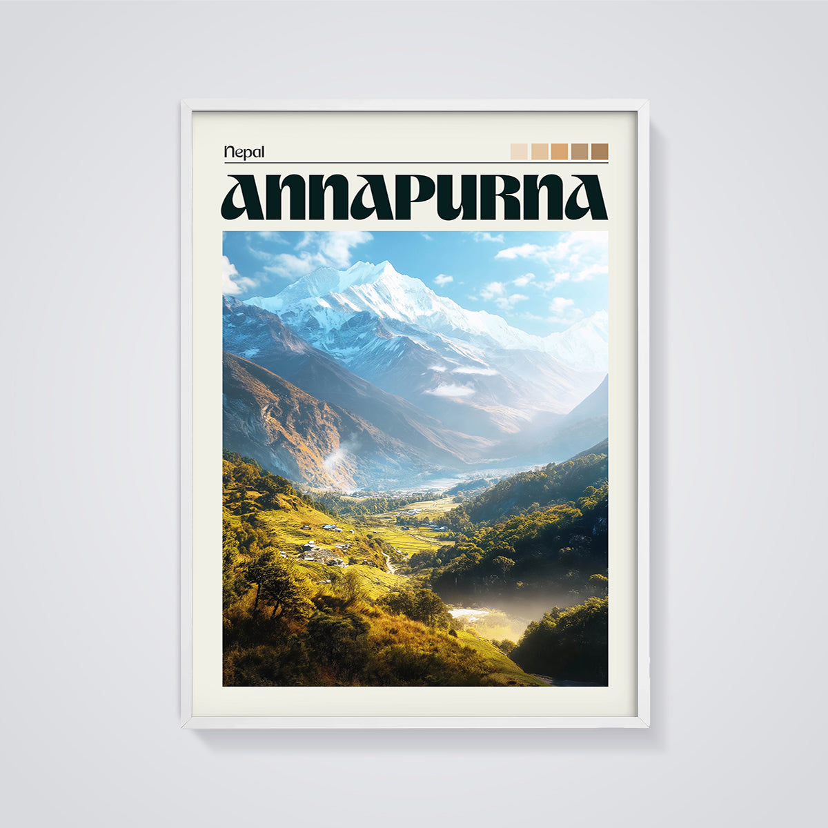 Annapurna Nepal Valley Print framed in white on a grey background