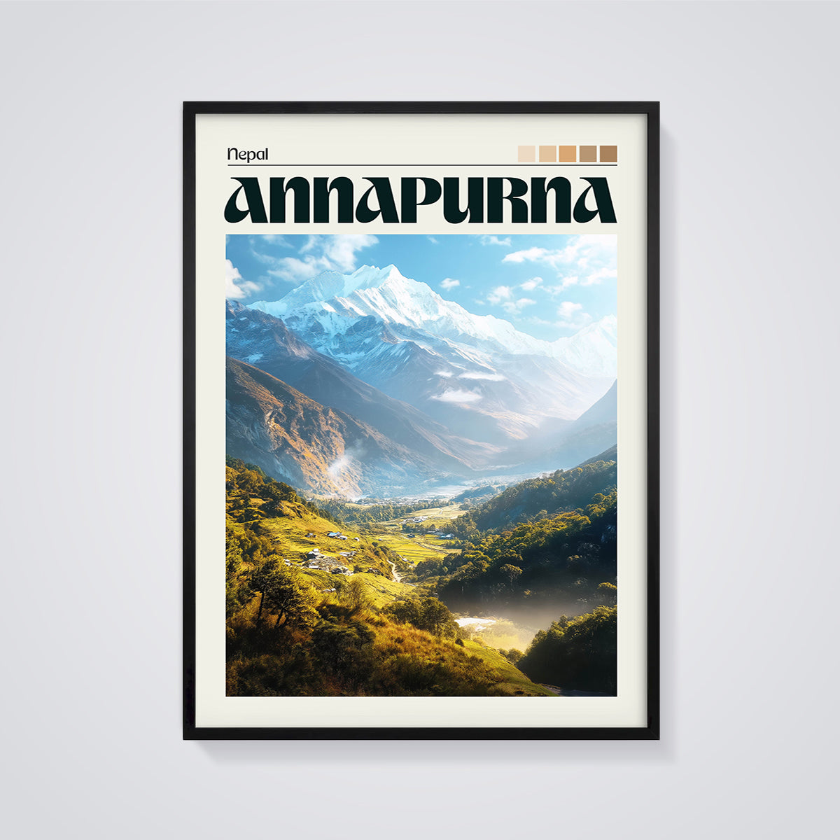 Annapurna Nepal Valley Print framed in black on a grey background