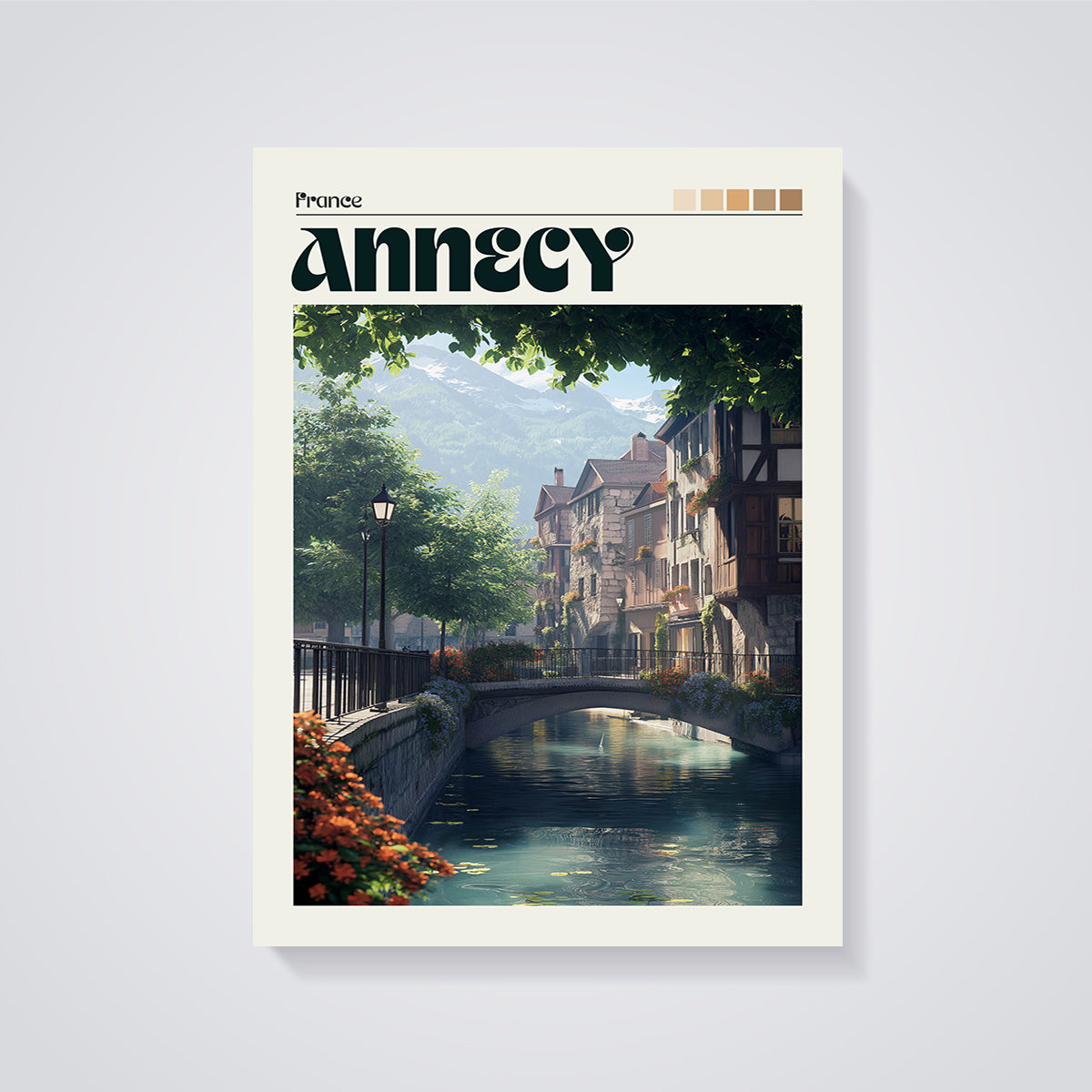 Annecy Canal Bridge Print unframed on a grey background