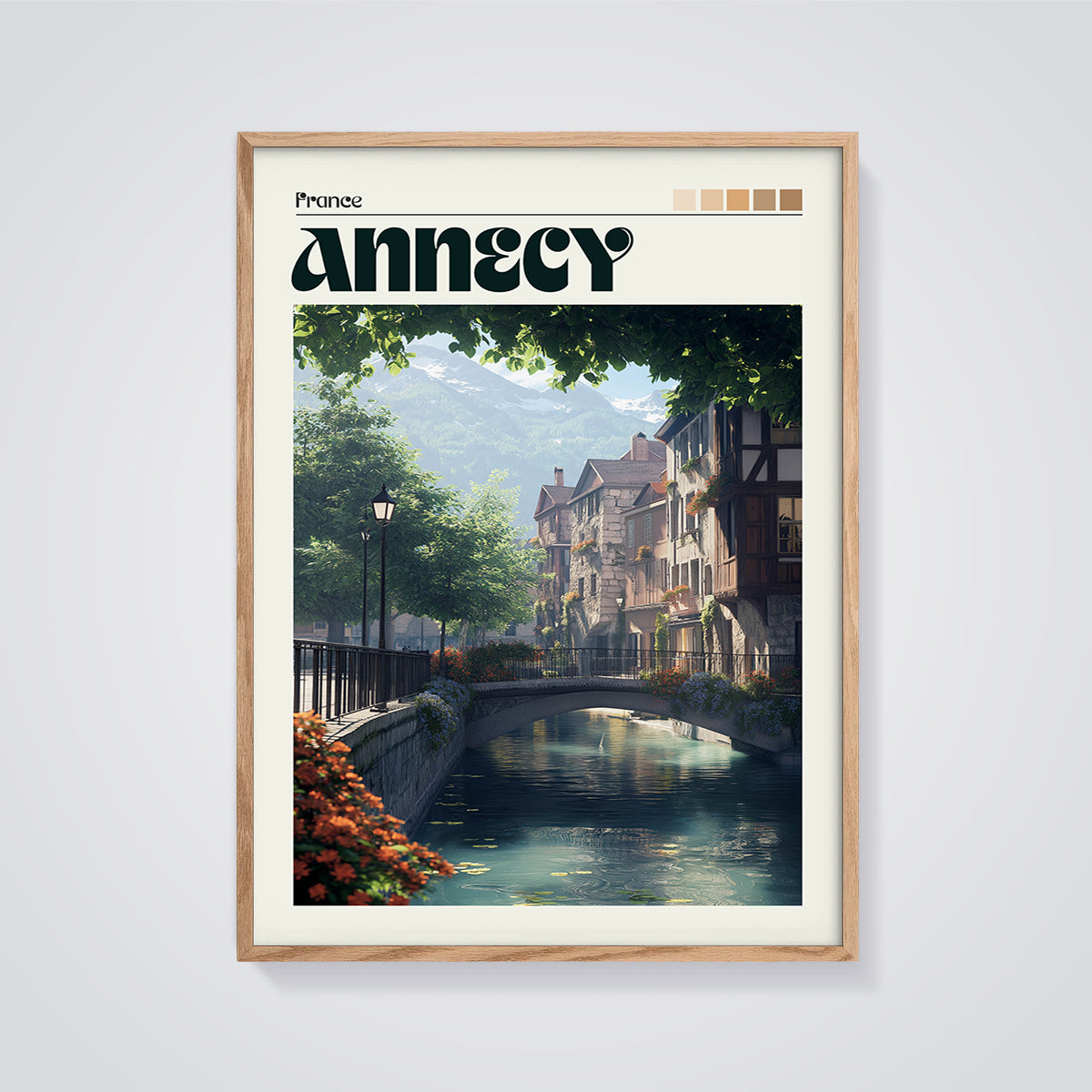 Annecy Canal Bridge Print framed in oak on a grey background