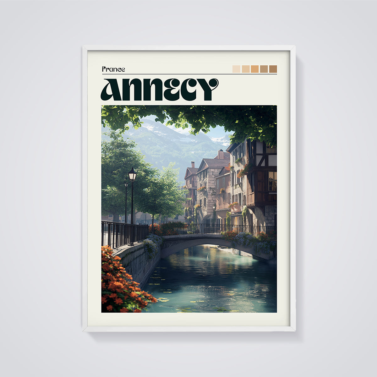 Annecy Canal Bridge Print framed in white on a grey background