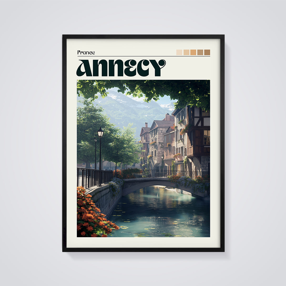 Annecy Canal Bridge Print framed in black on a grey background