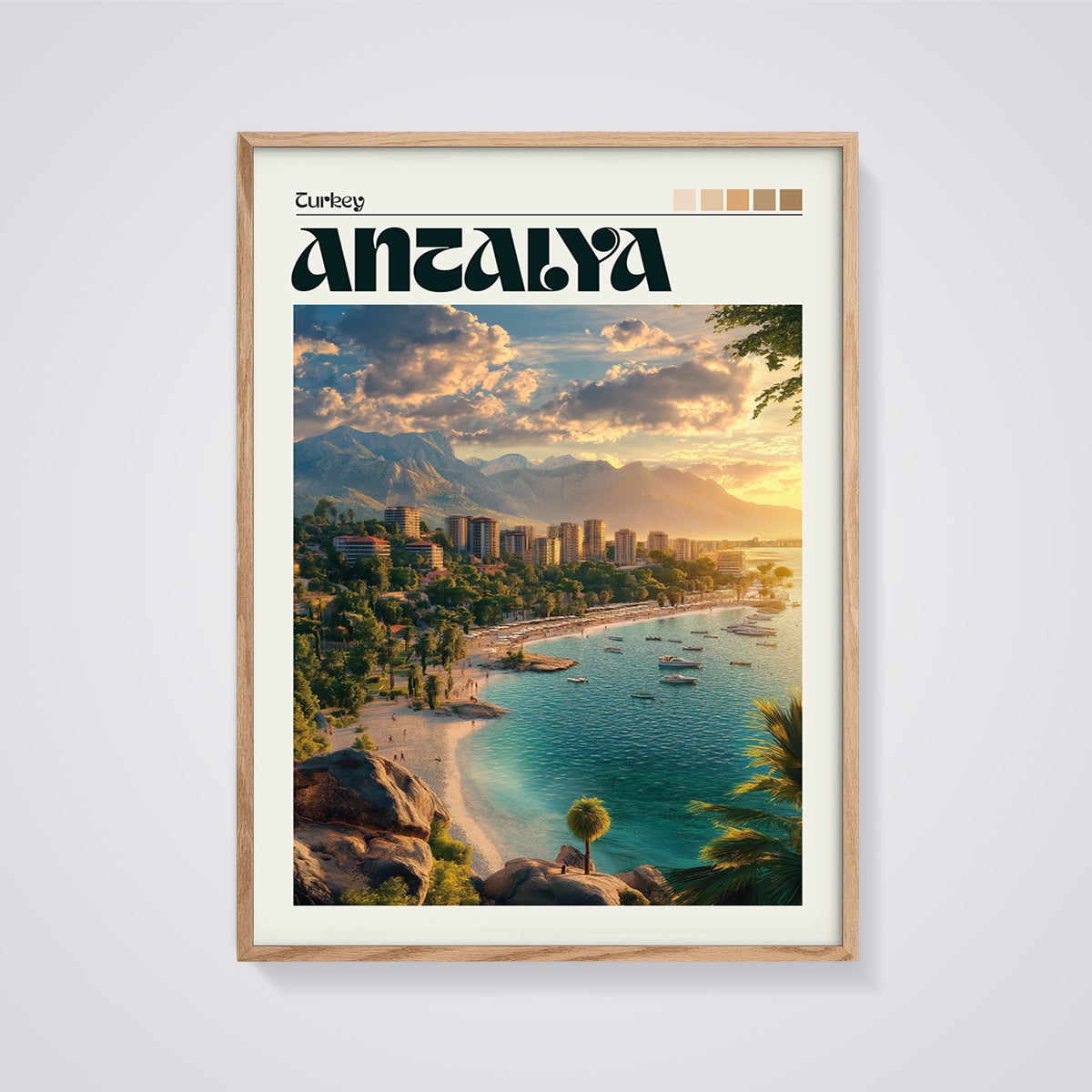 Antalya Beach Sunset Print framed in oak on a grey background