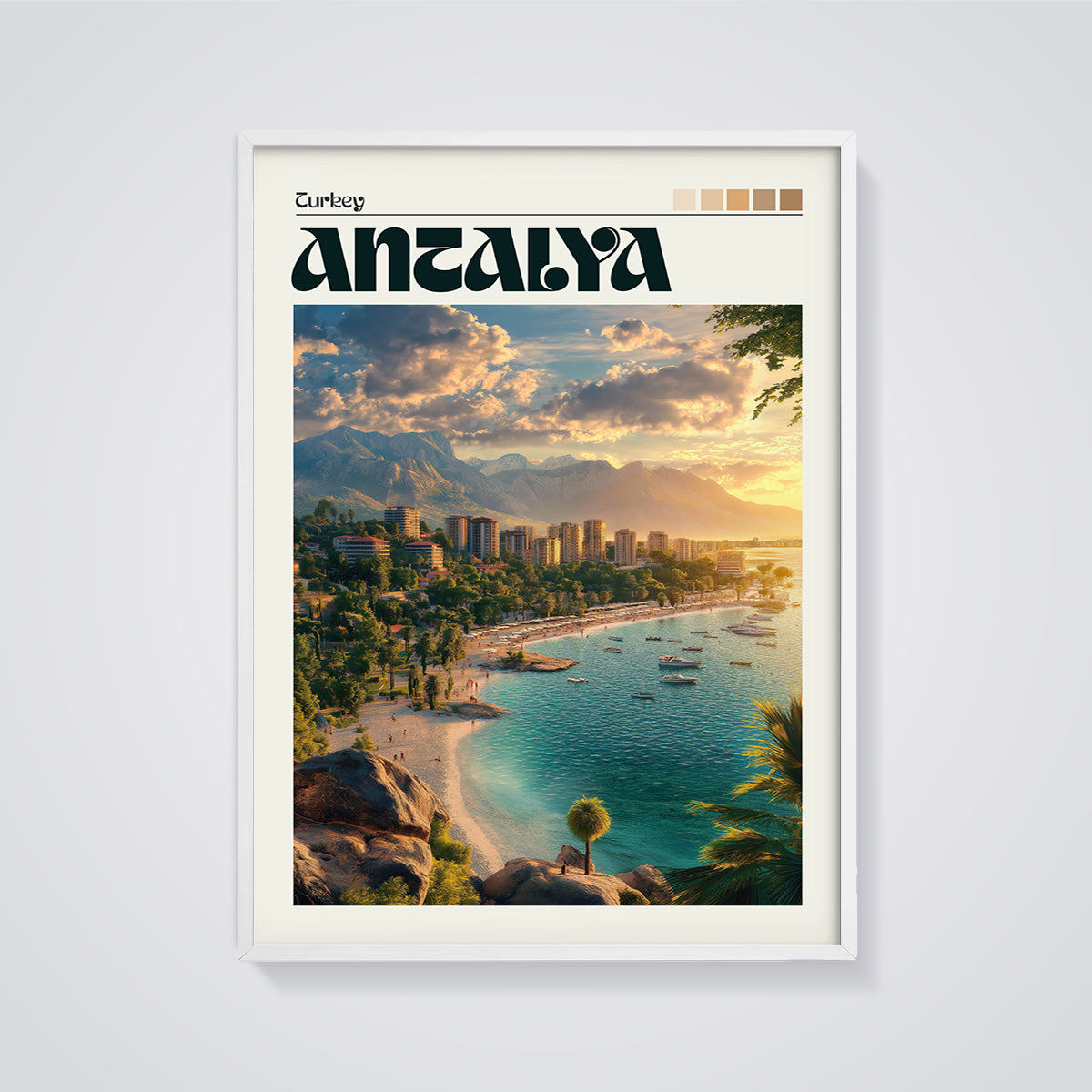 Antalya Beach Sunset Print framed in white on a grey background