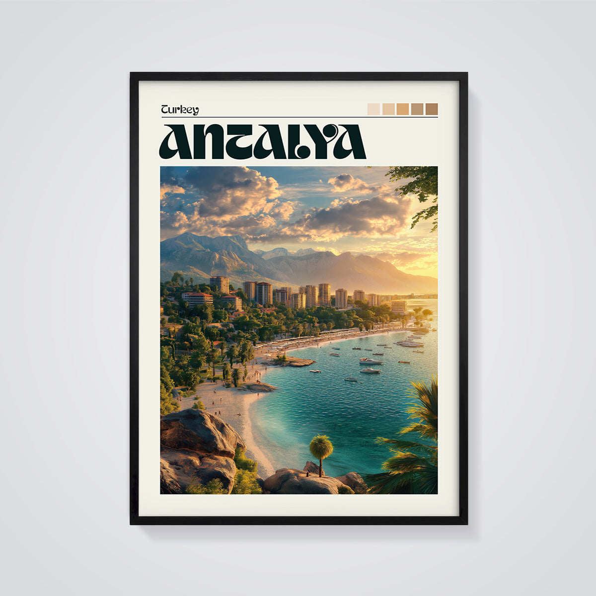 Antalya Beach Sunset Print framed in black on a grey background