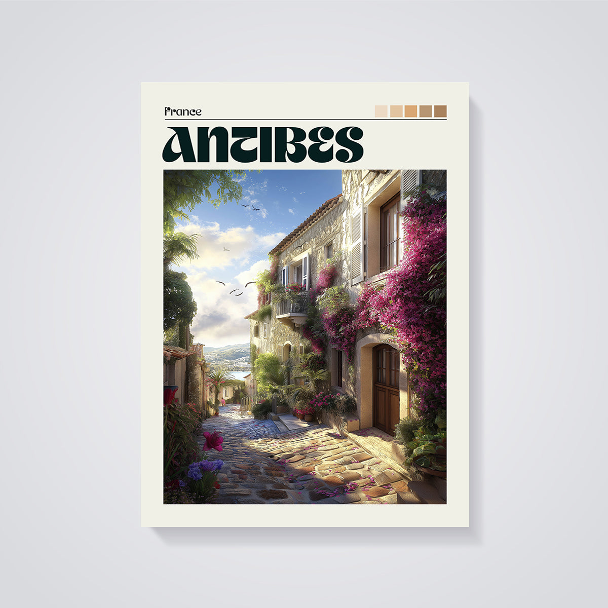 Antibes Bougainvillea Street Print unframed on a grey background