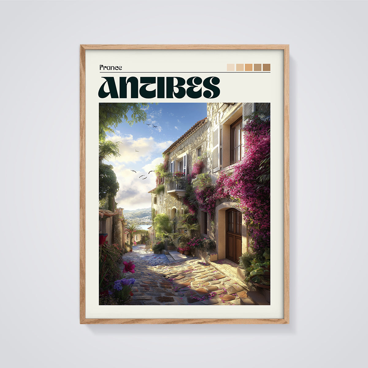 Antibes Bougainvillea Street Print framed in oak on a grey background