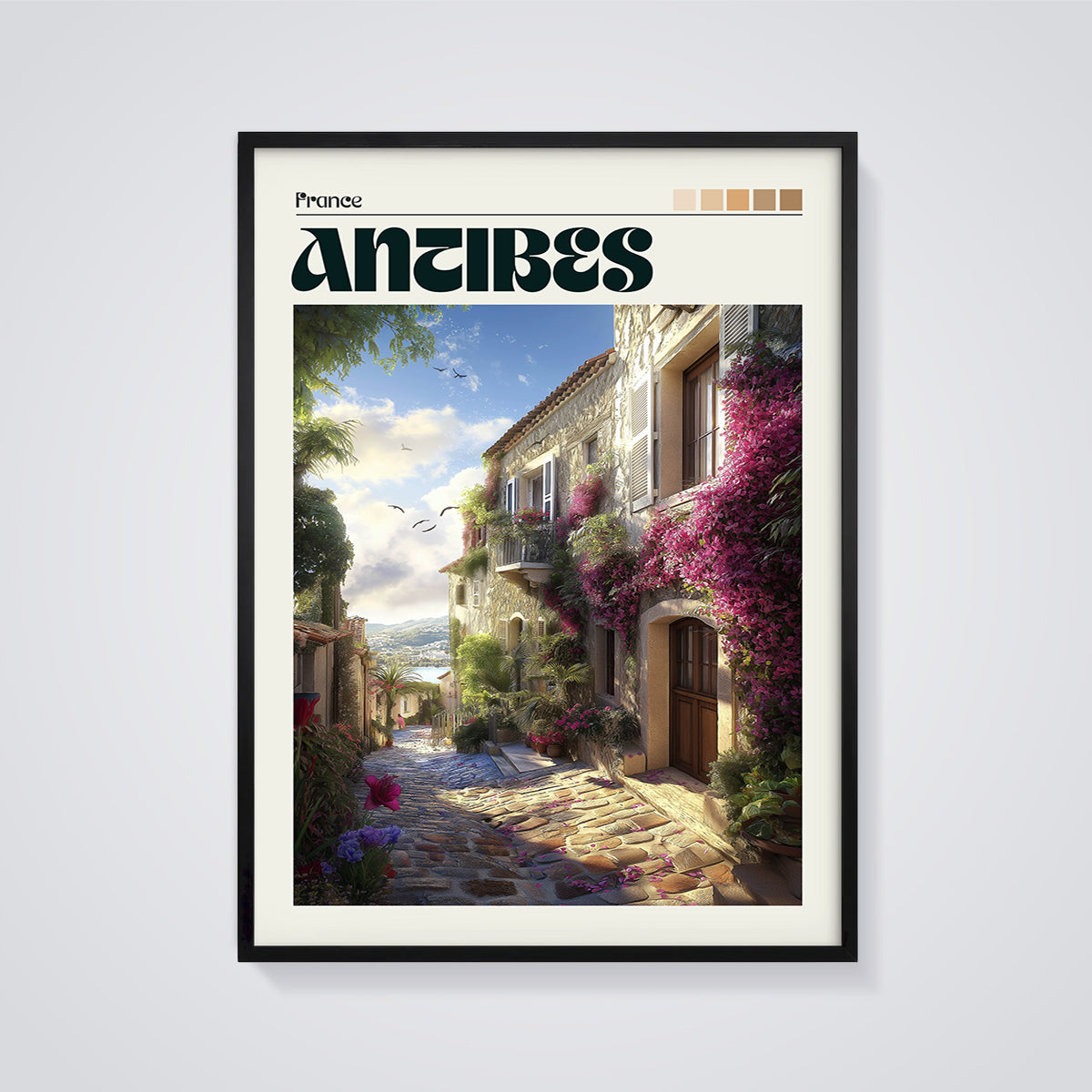 Antibes Bougainvillea Street Print framed in black on a grey background