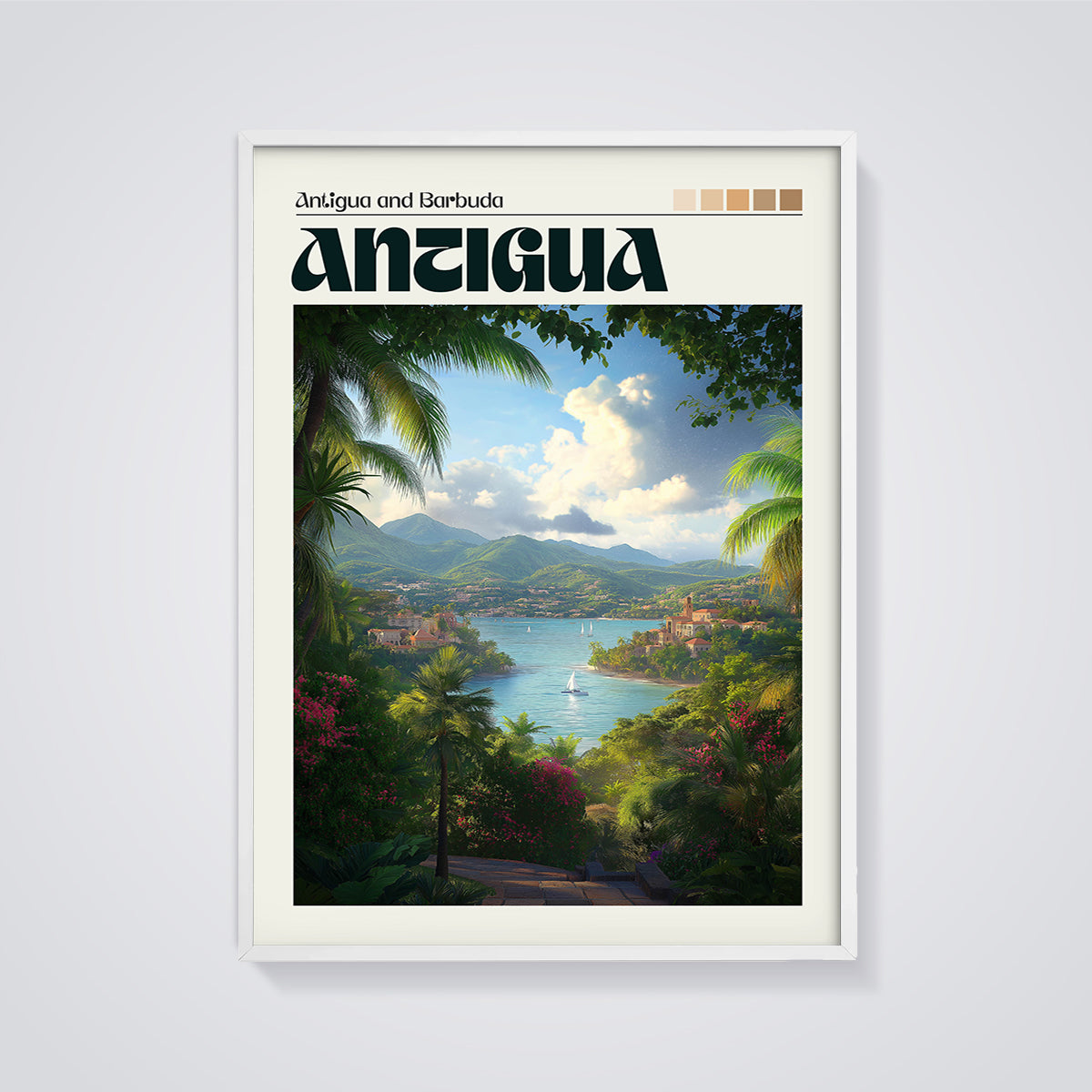 Antigua Tropical Bay Print framed in white on a grey background