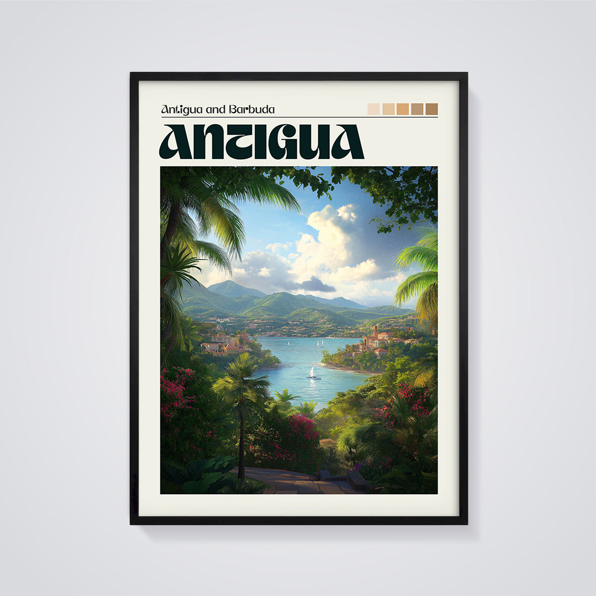 Antigua Tropical Bay Print framed in black on a grey background