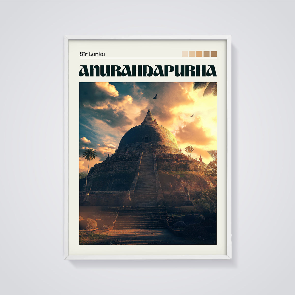 Anuradhapura Stupa Sunset Print framed in white on a grey background