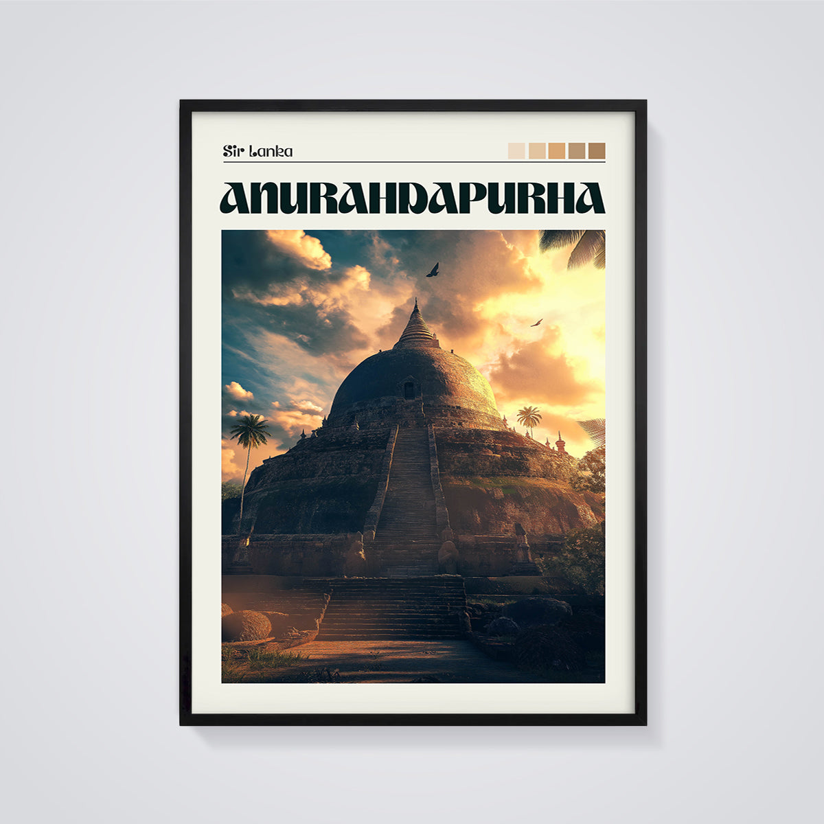 Anuradhapura Stupa Sunset Print framed in black on a grey background