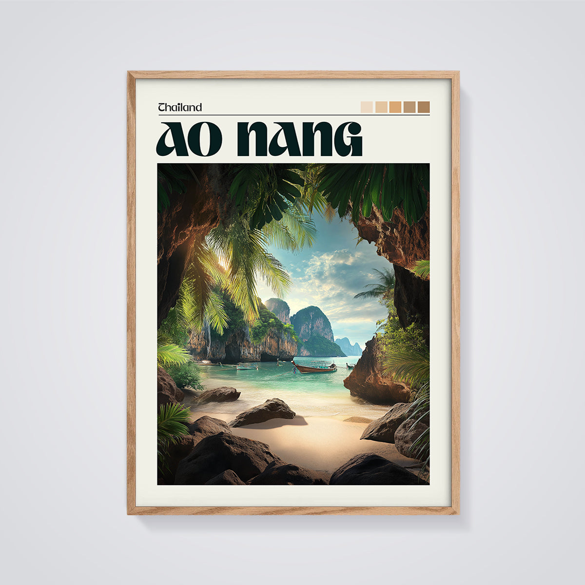 Ao Nang Thailand Beach Print framed in oak on a grey background