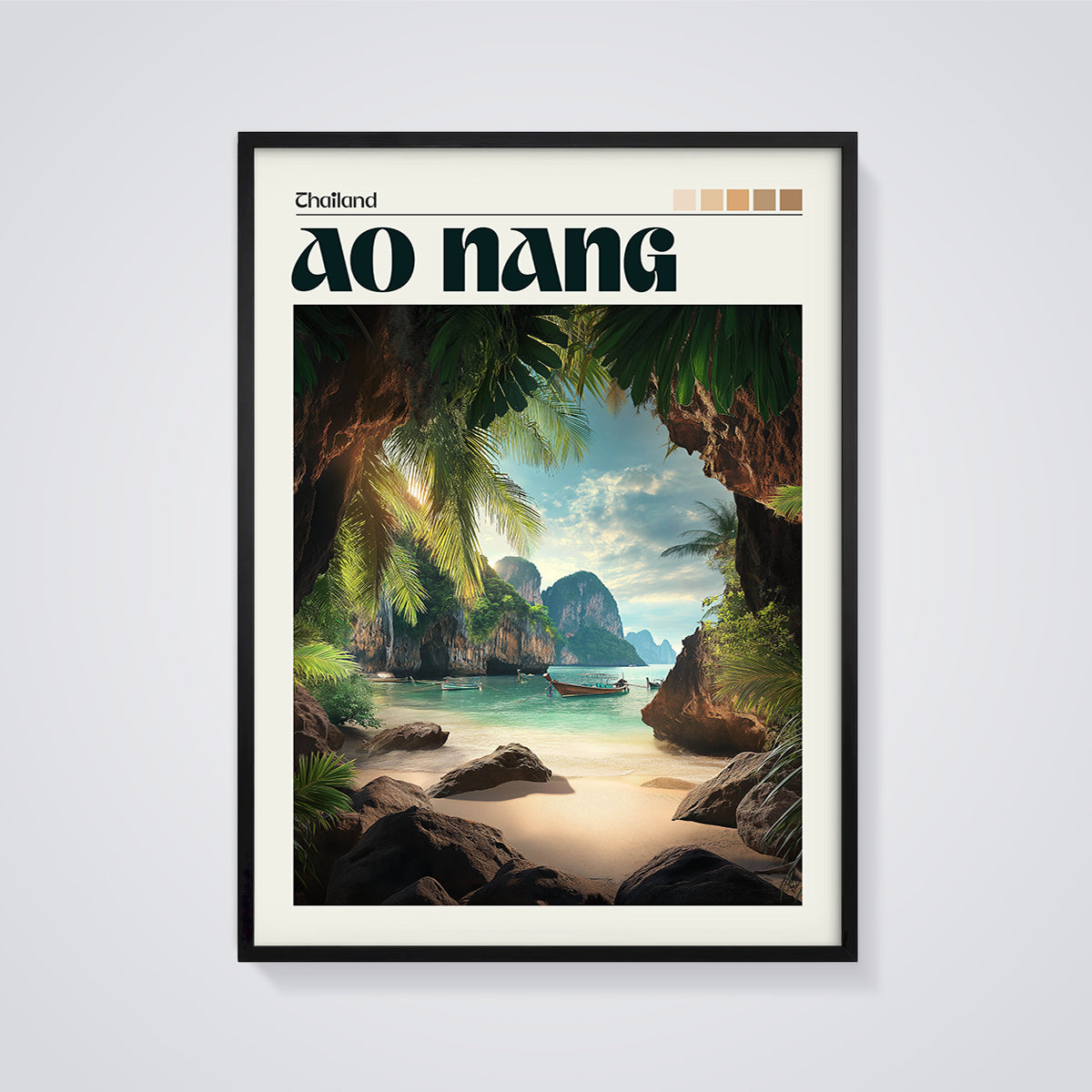 Ao Nang Thailand Beach Print framed in black on a grey background