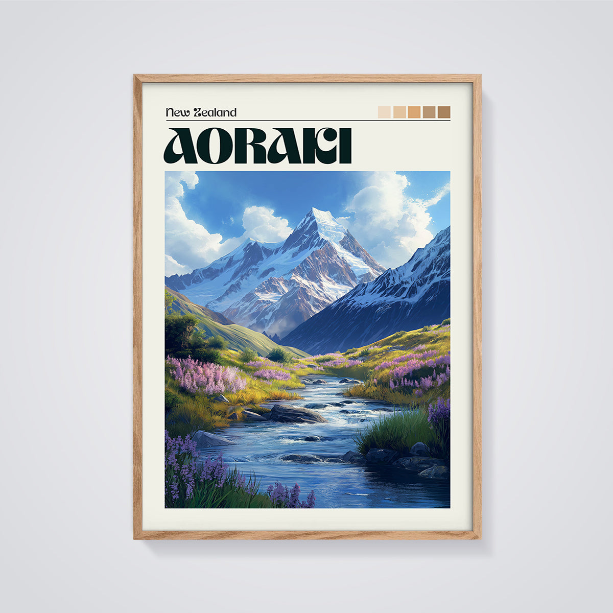 Aoraki New Zealand Mountain Valley Print framed in oak on a grey background