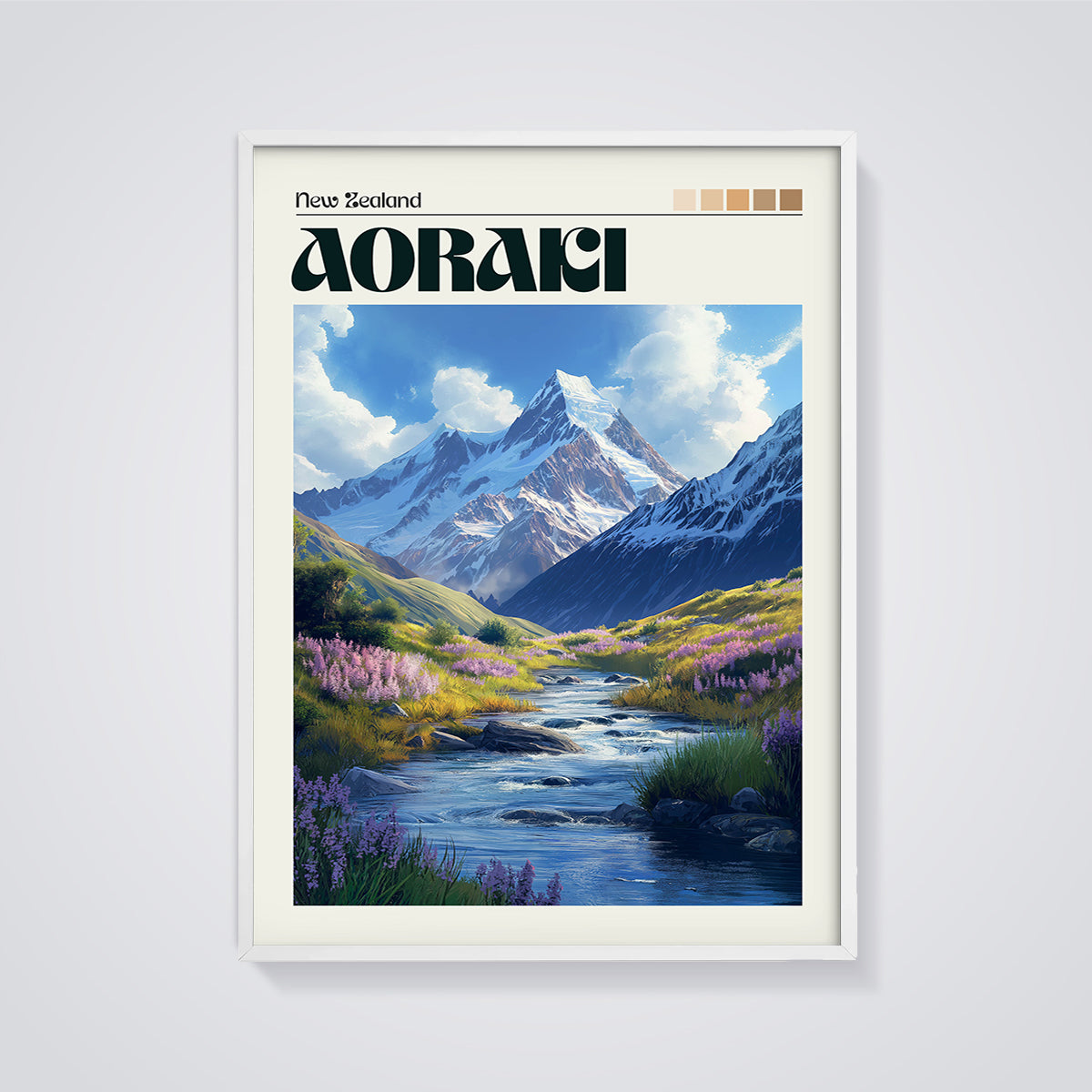 Aoraki New Zealand Mountain Valley Print framed in white on a grey background