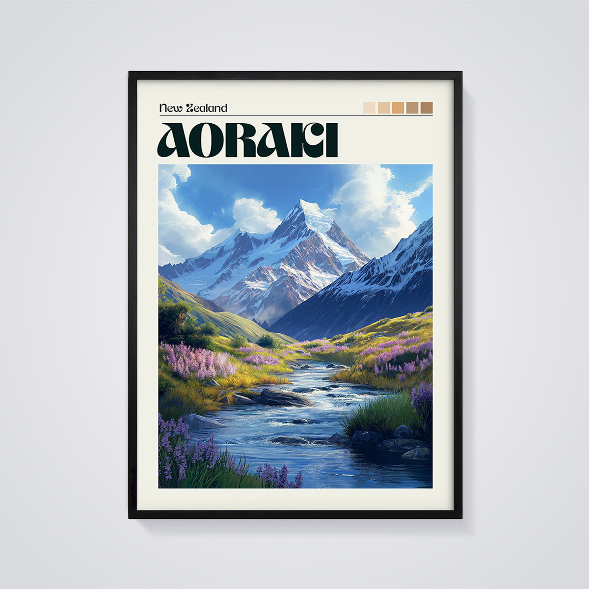 Aoraki New Zealand Mountain Valley Print framed in black on a grey background