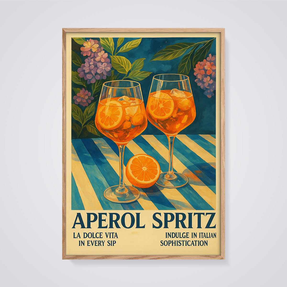Aperol Spritz Cocktail Print framed in oak on a grey background