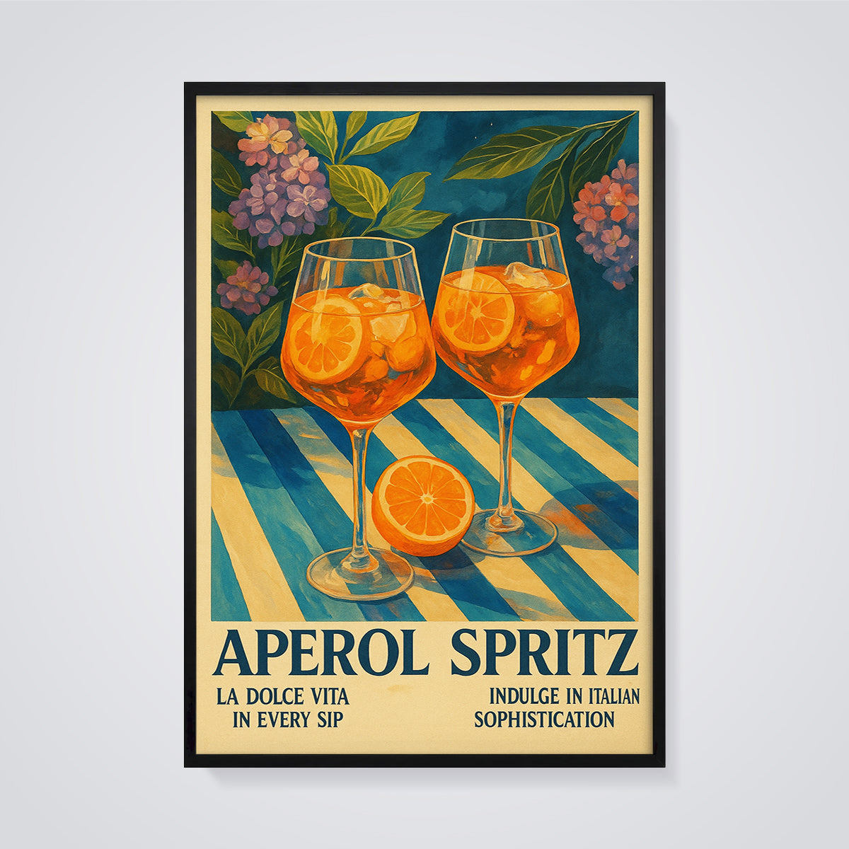 Aperol Spritz Cocktail Print framed in black on a grey background