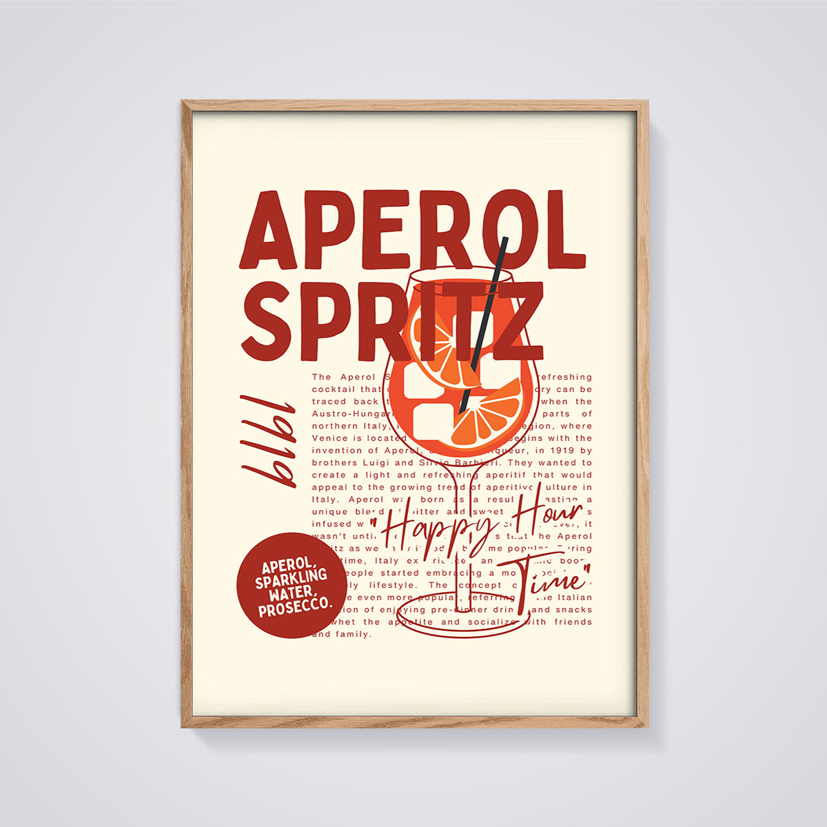 Aperol Spritz Happy Hour Print framed in oak on a grey background
