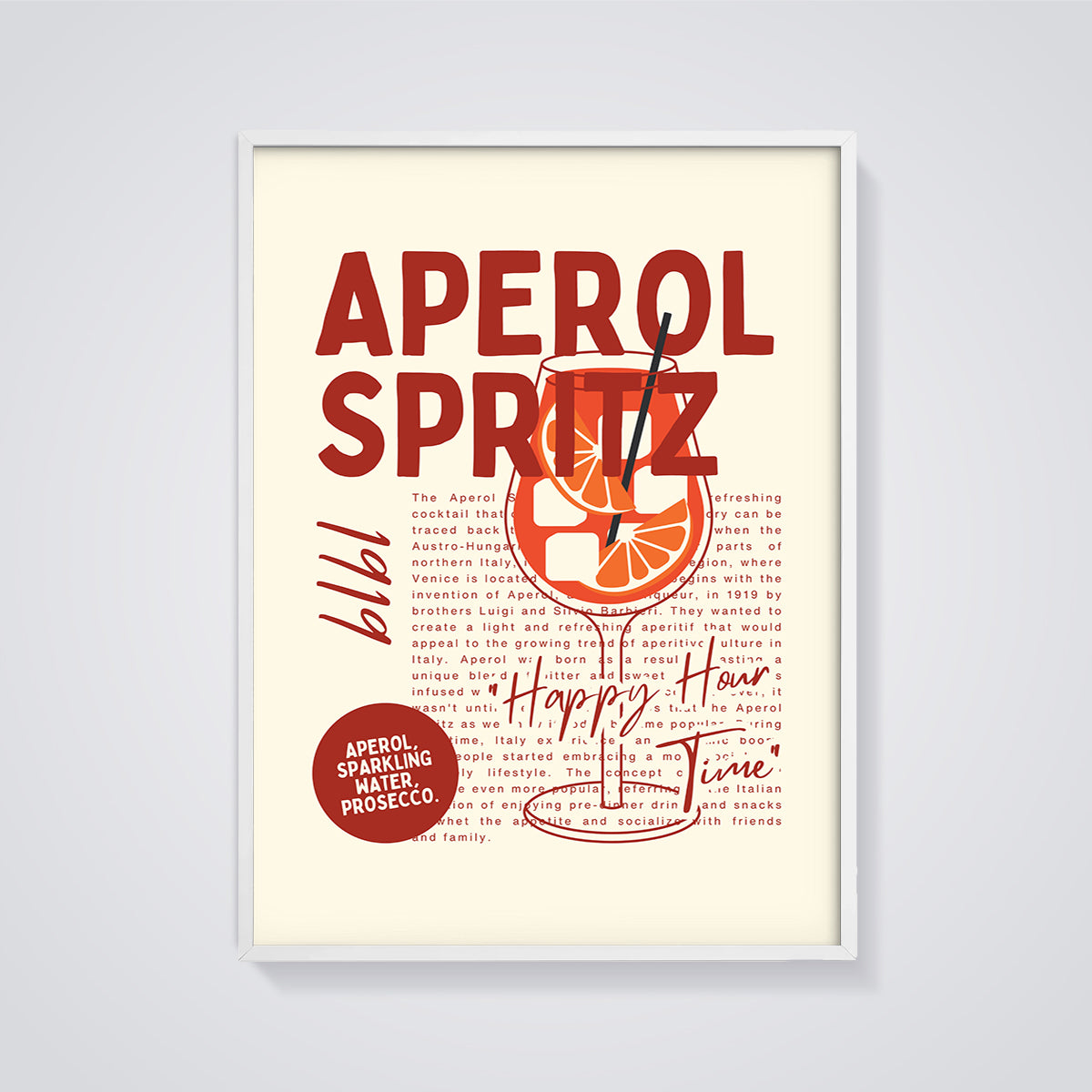 Aperol Spritz Happy Hour Print framed in white on a grey background