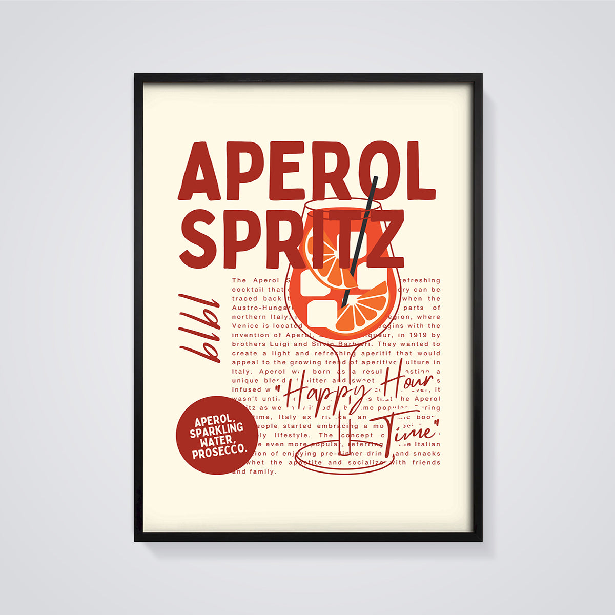 Aperol Spritz Happy Hour Print framed in black on a grey background