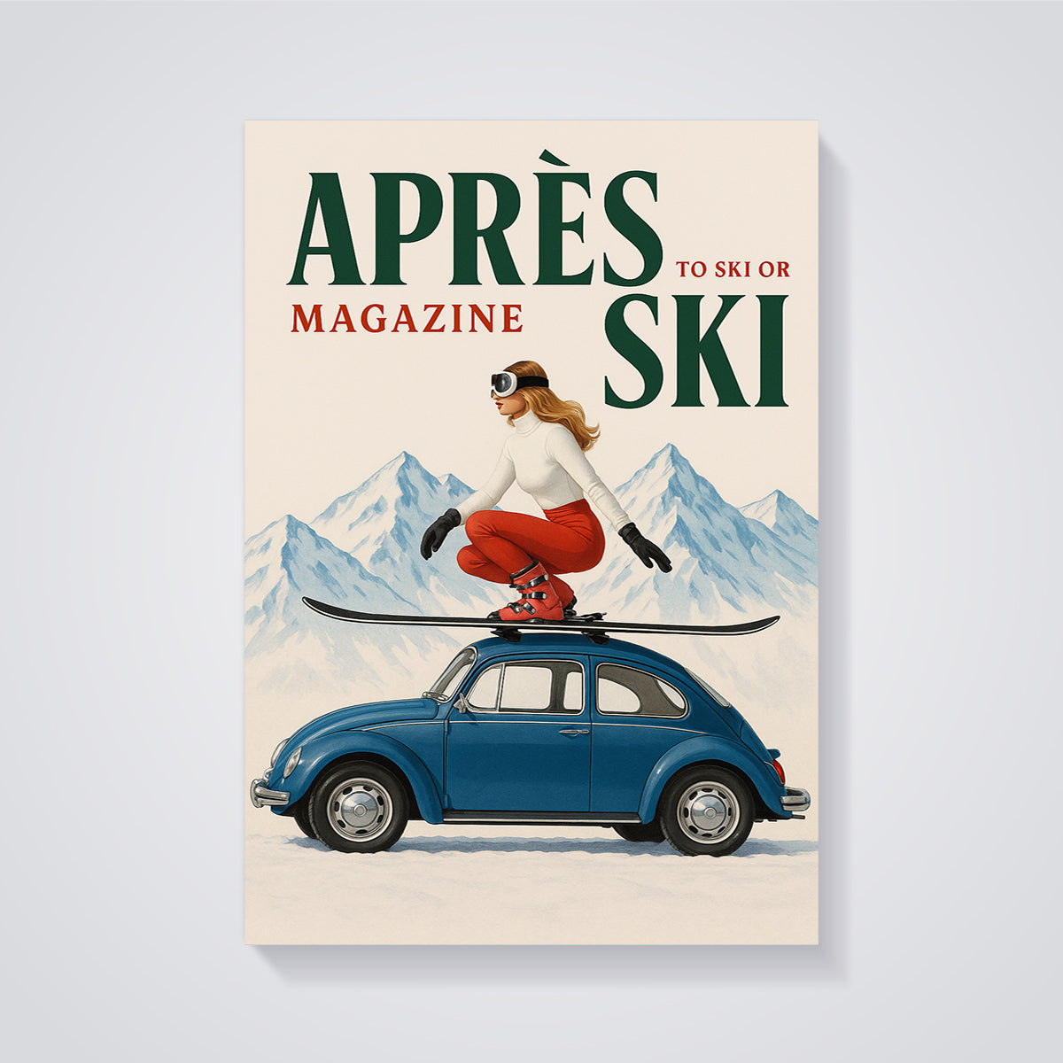 Après Ski VW Beetle Skier Print unframed on a grey background