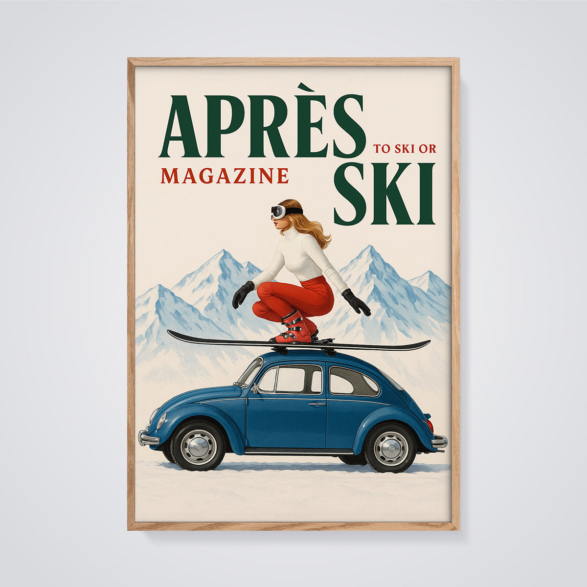 Après Ski VW Beetle Skier Print framed in oak on a grey background