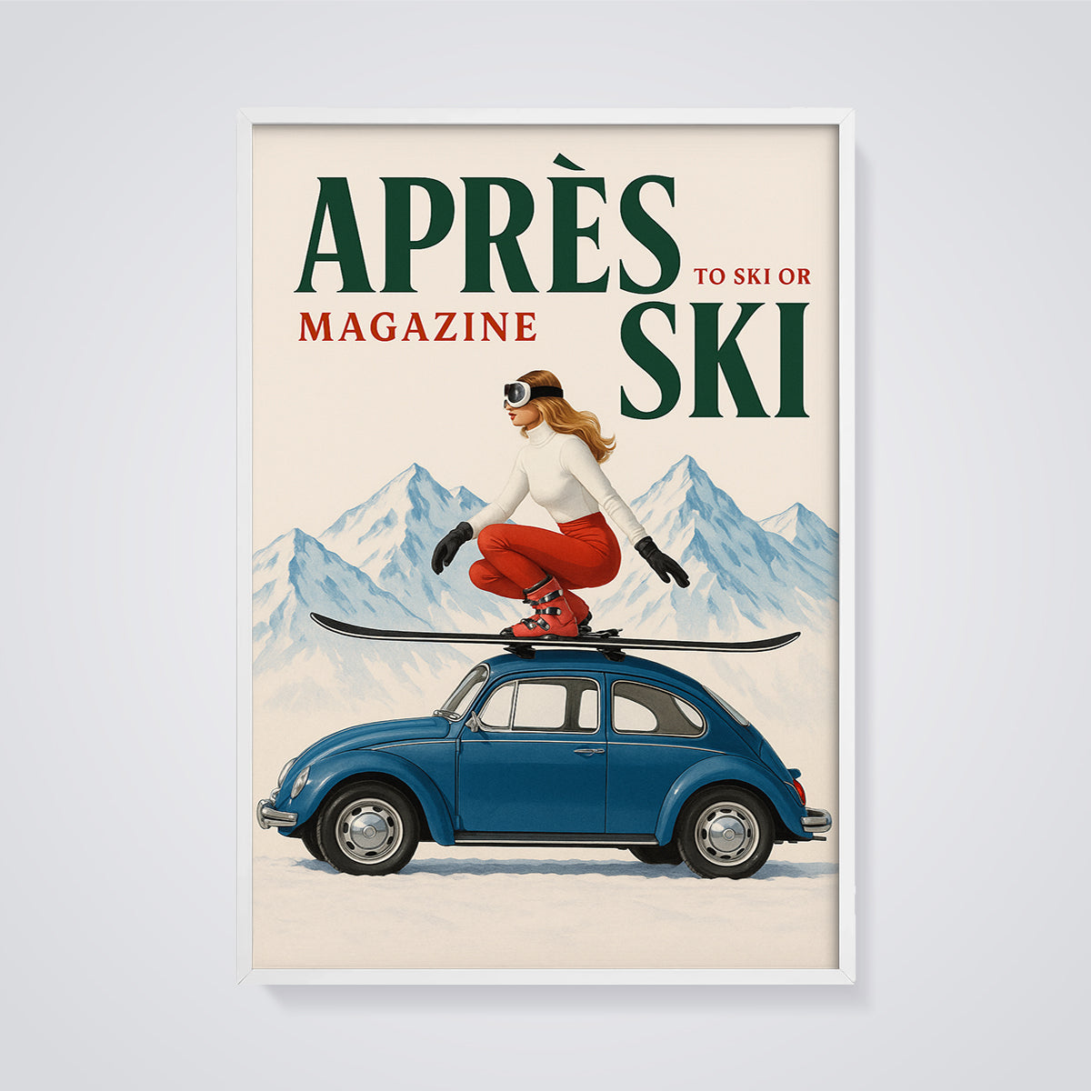 Après Ski VW Beetle Skier Print framed in white on a grey background