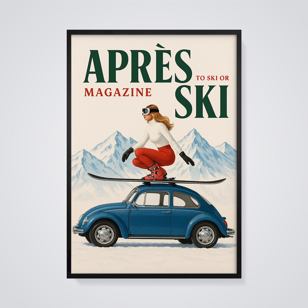 Après Ski VW Beetle Skier Print framed in black on a grey background