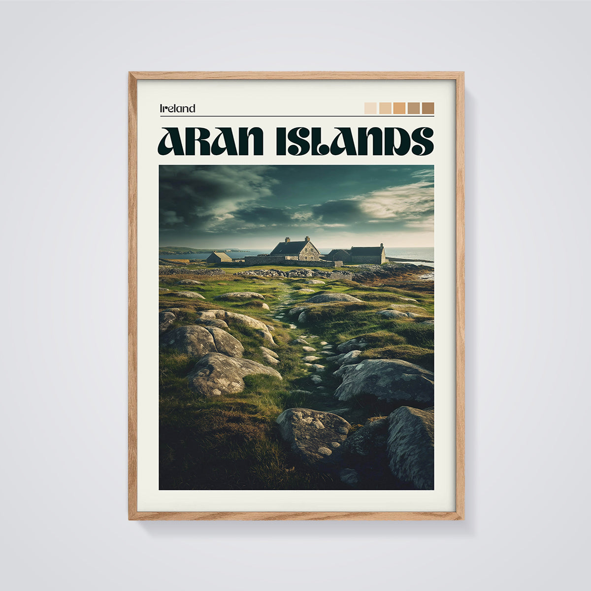 Aran Islands Coastal House Print framed in oak on a grey background