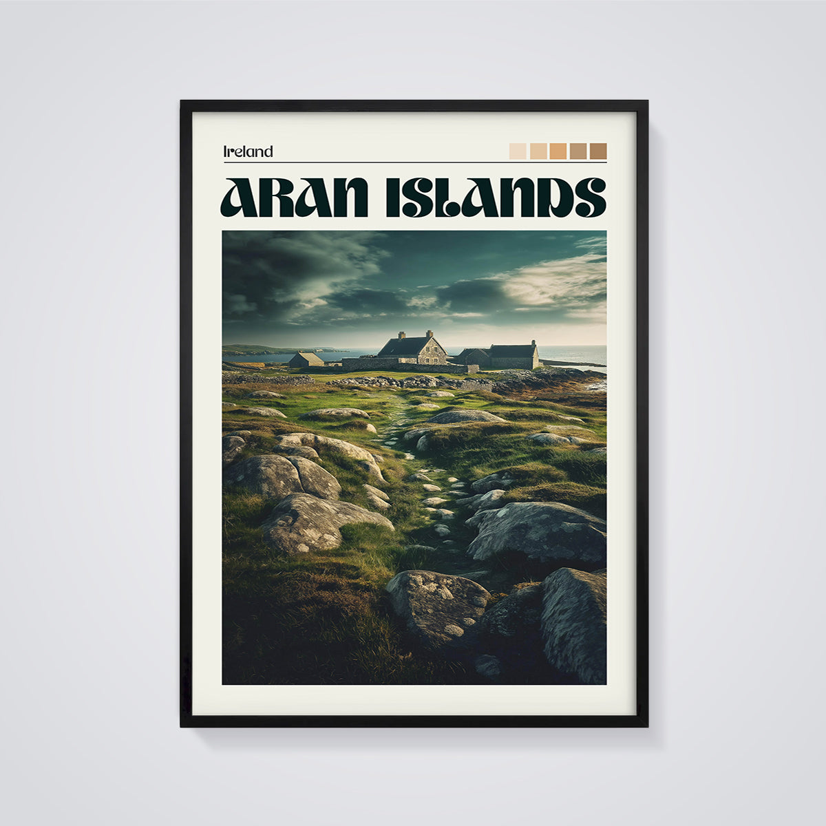 Aran Islands Coastal House Print framed in black on a grey background