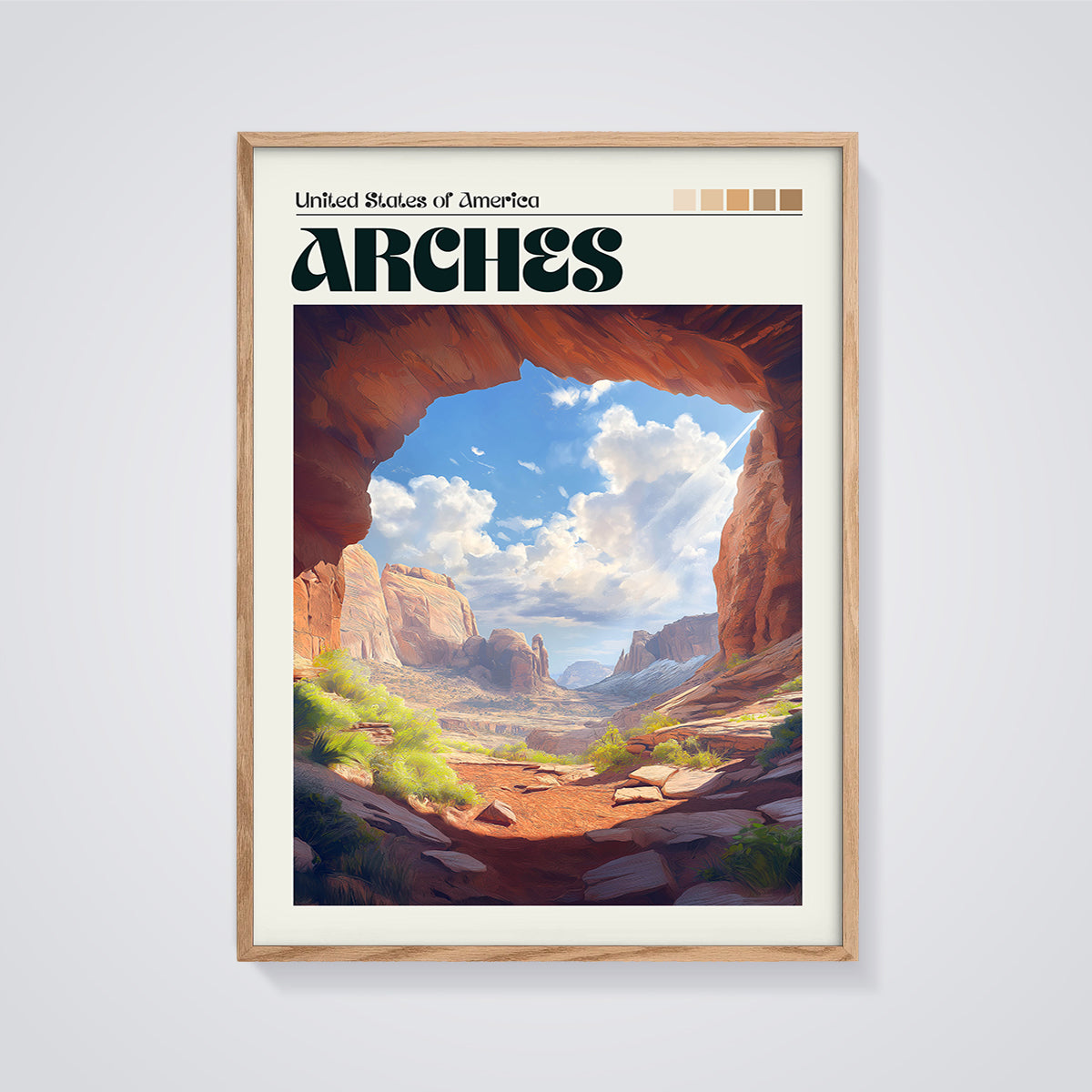 Arches National Park Print framed in oak on a grey background