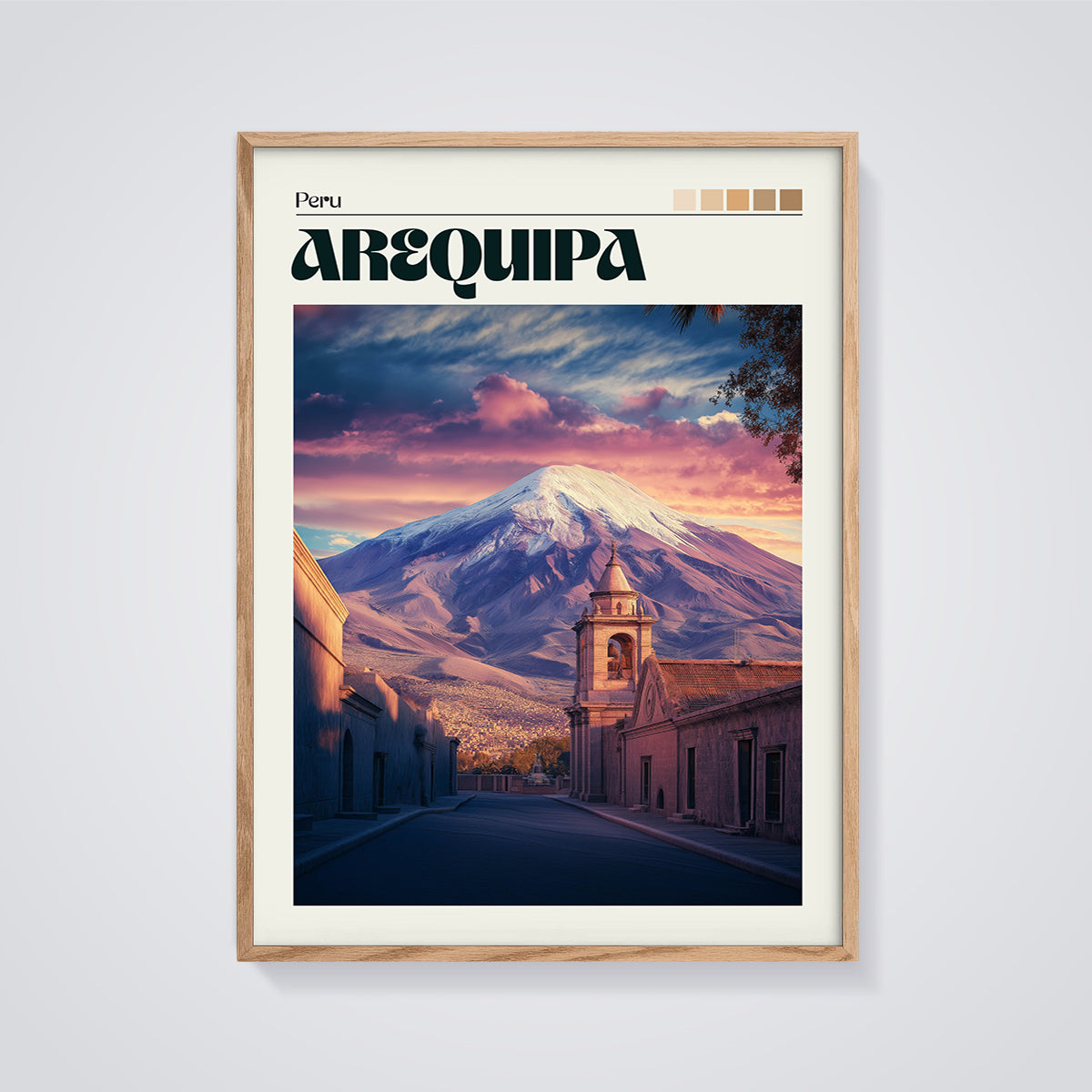 Arequipa Peru Volcano Sunset Print framed in oak on a grey background