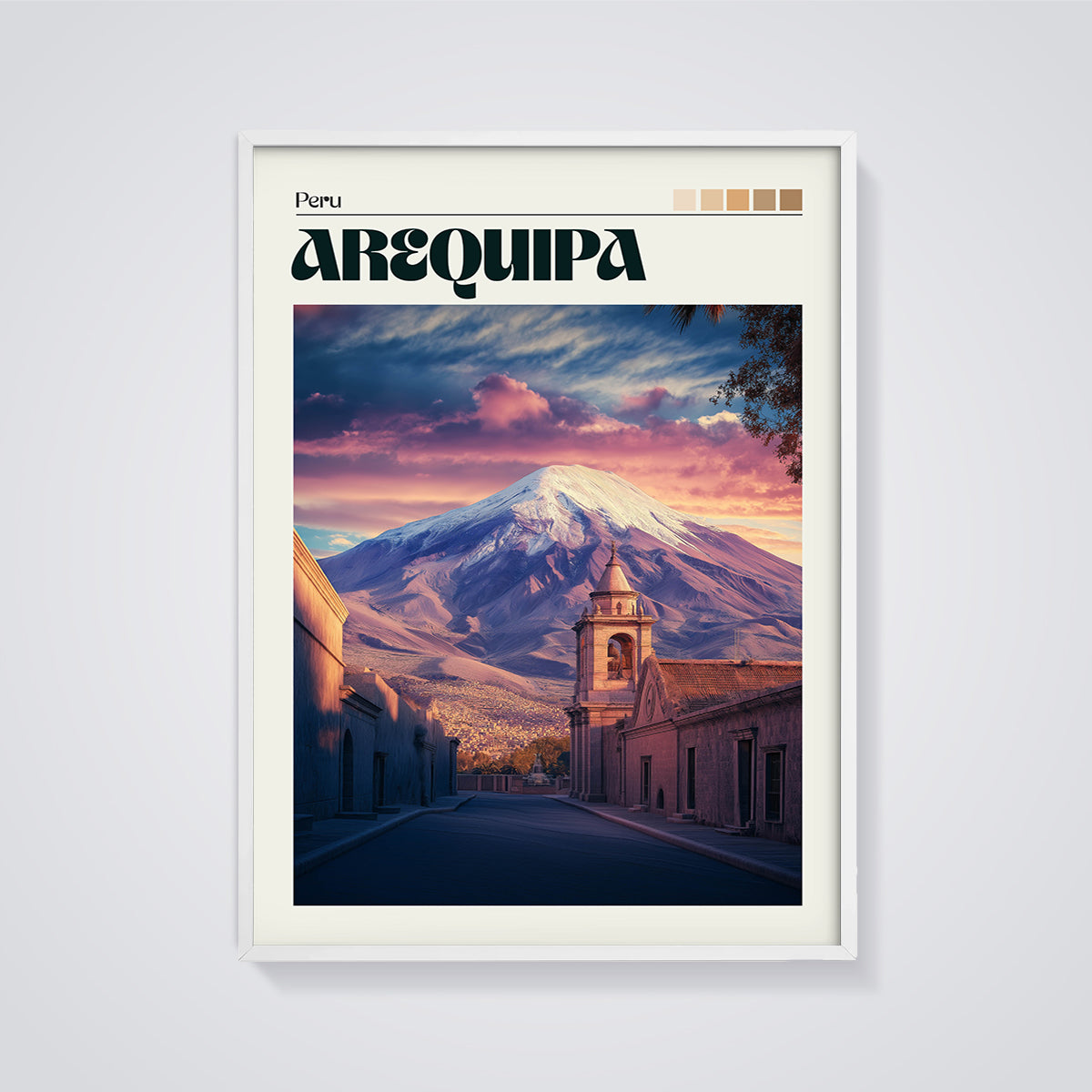 Arequipa Peru Volcano Sunset Print framed in white on a grey background