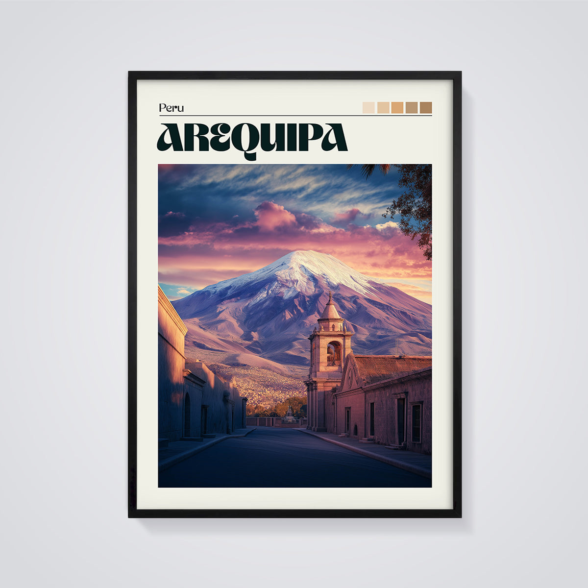 Arequipa Peru Volcano Sunset Print framed in black on a grey background