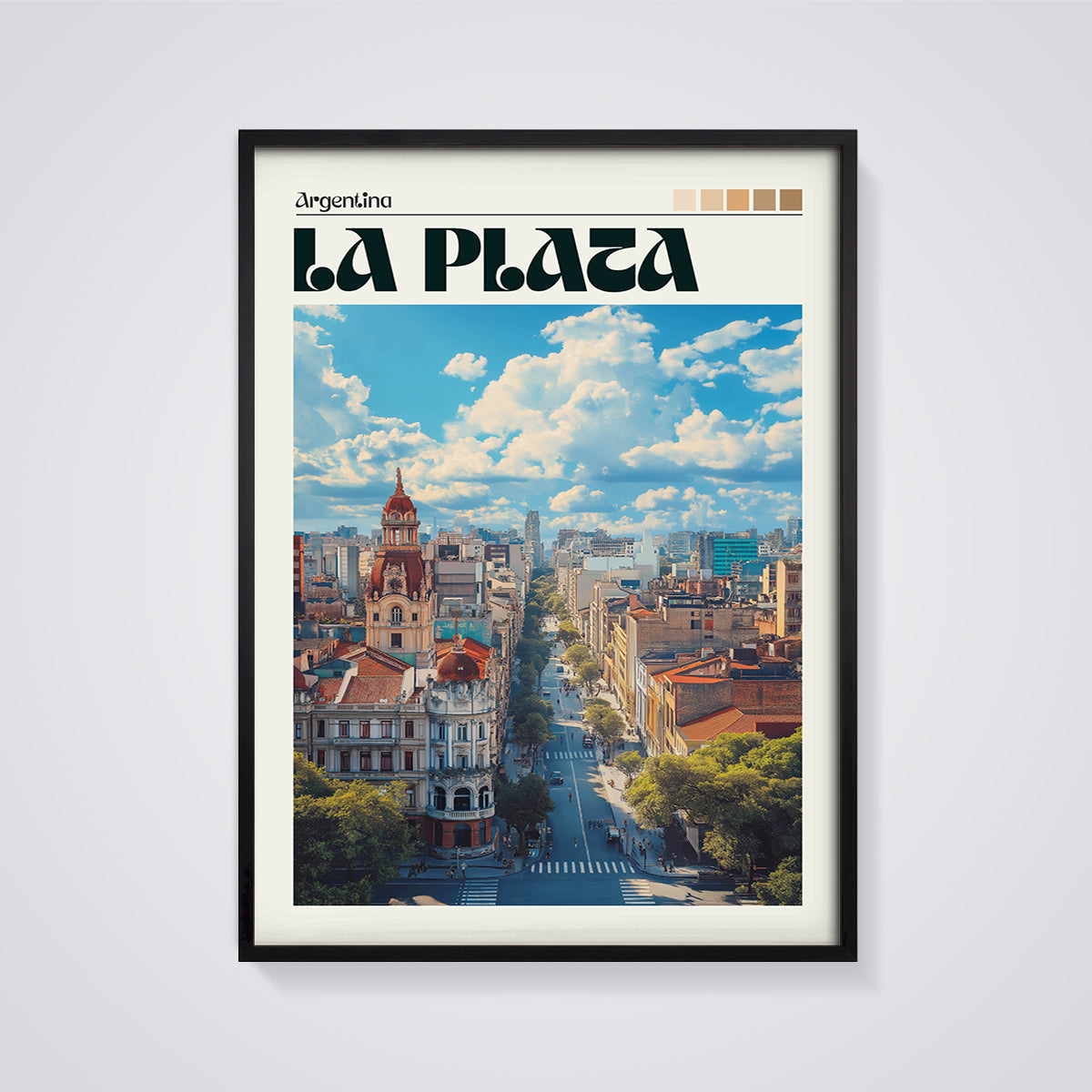 Argentina La Plata Cityscape Print framed in black on a grey background