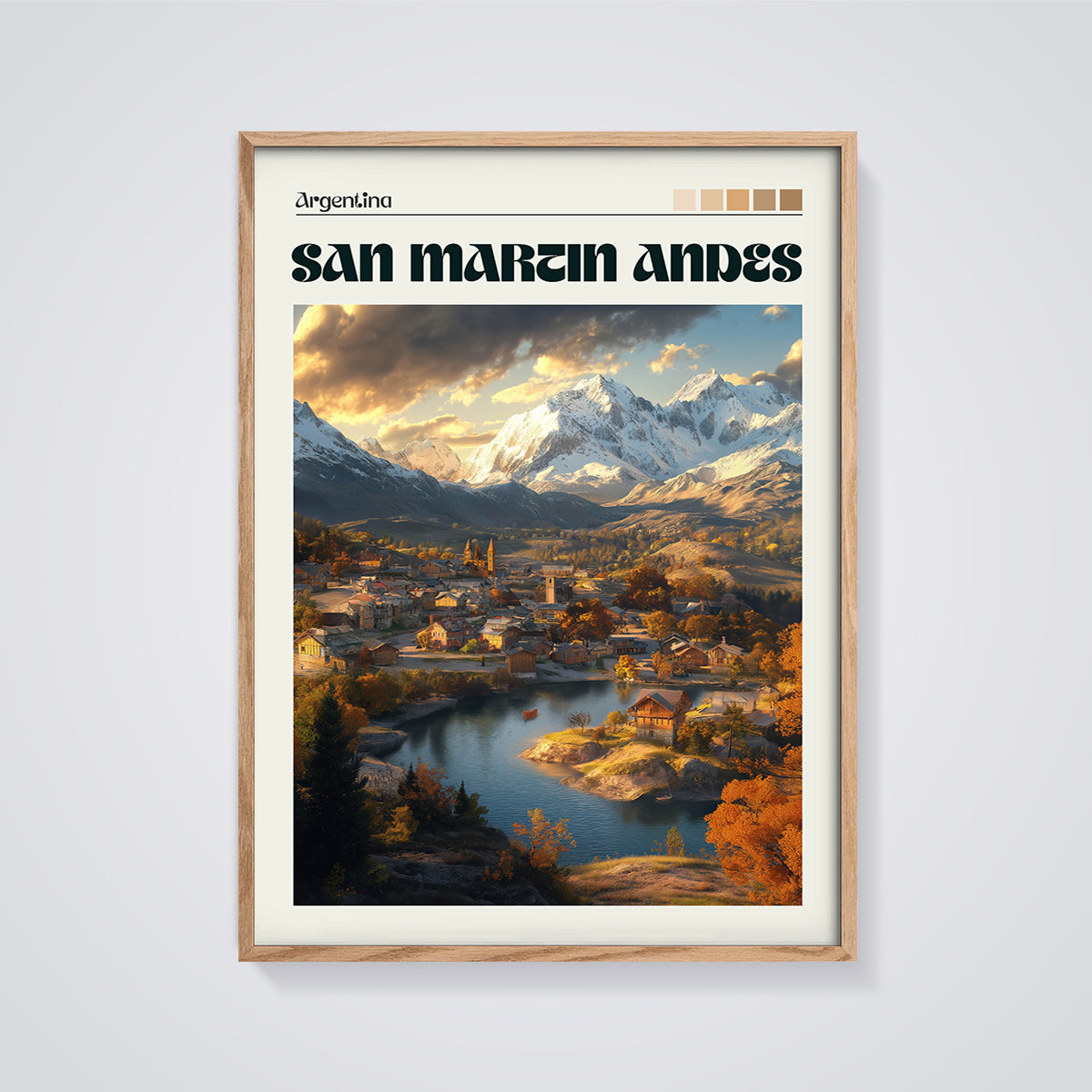 Argentina San Martin Andes Print framed in oak on a grey background