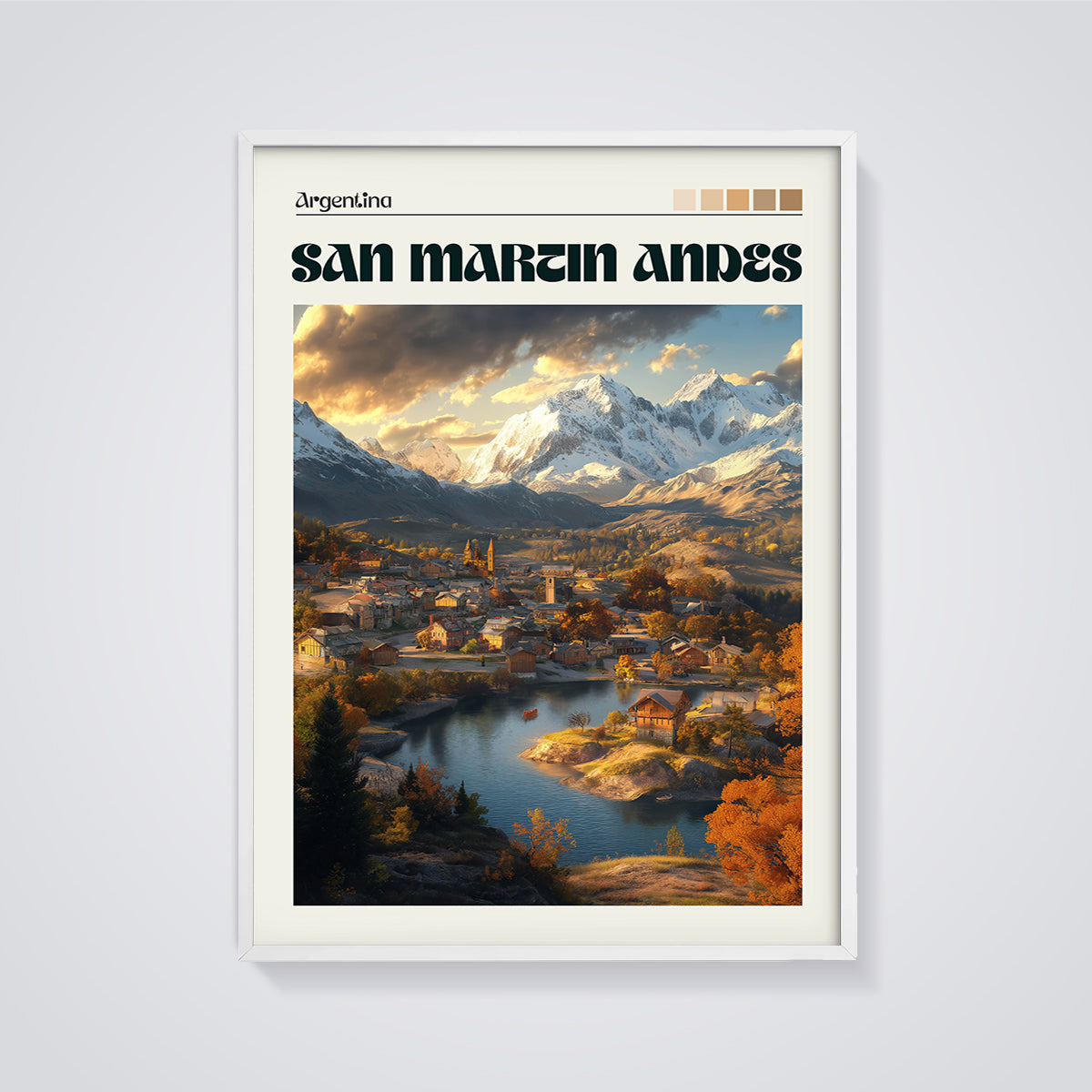 Argentina San Martin Andes Print framed in white on a grey background
