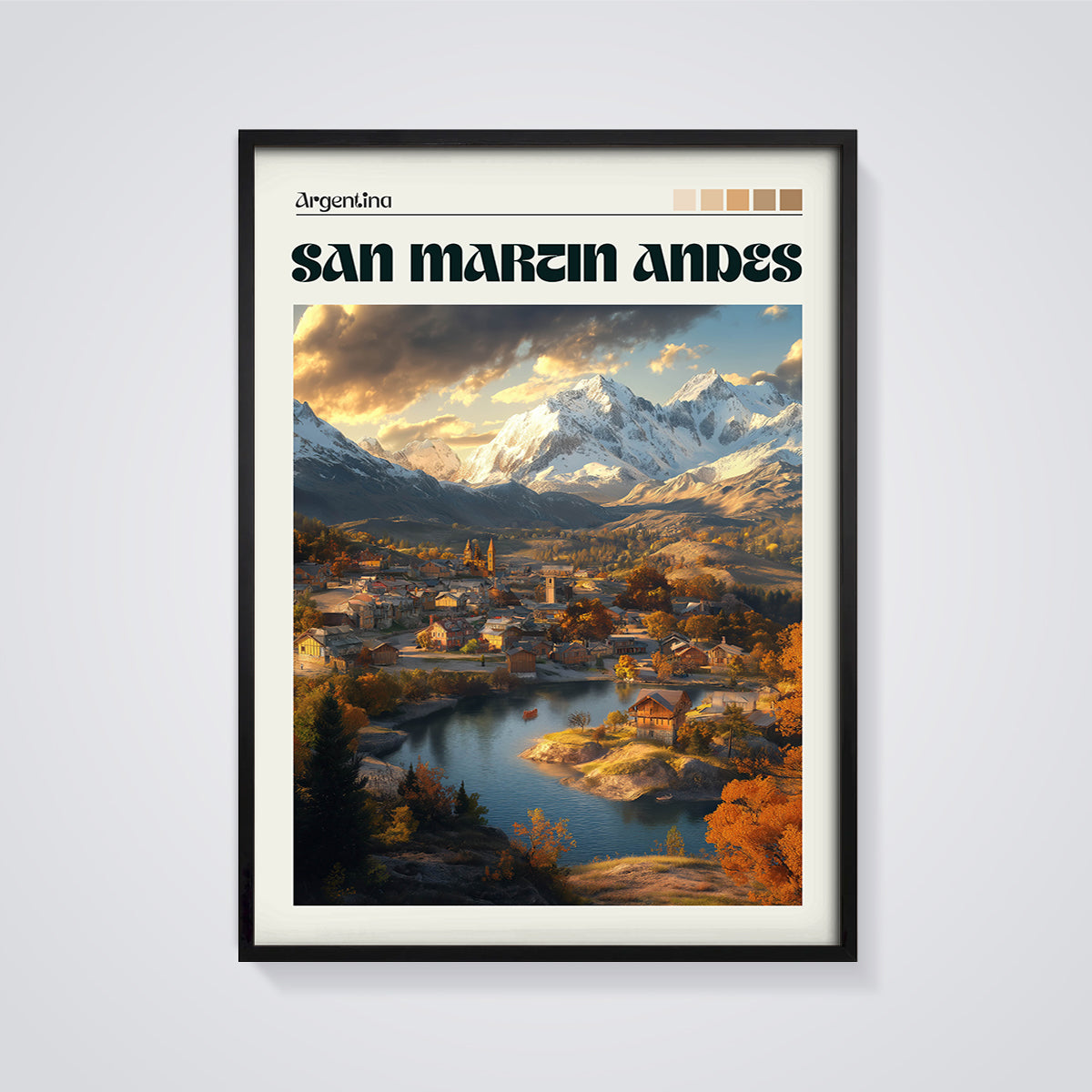 Argentina San Martin Andes Print framed in black on a grey background