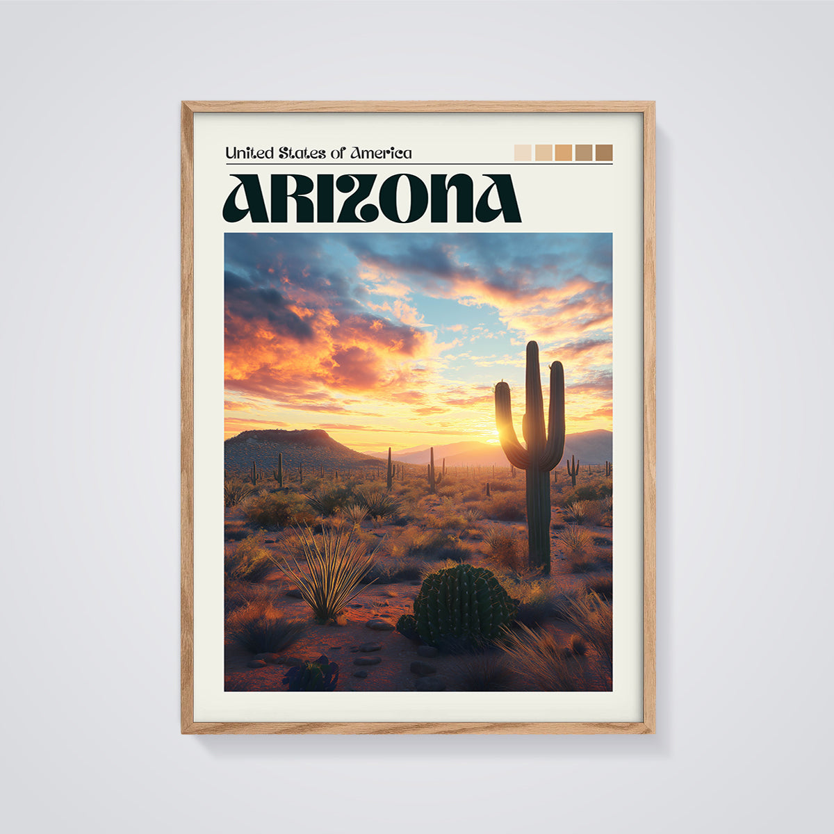 Arizona Sunset Saguaro Print framed in oak on a grey background