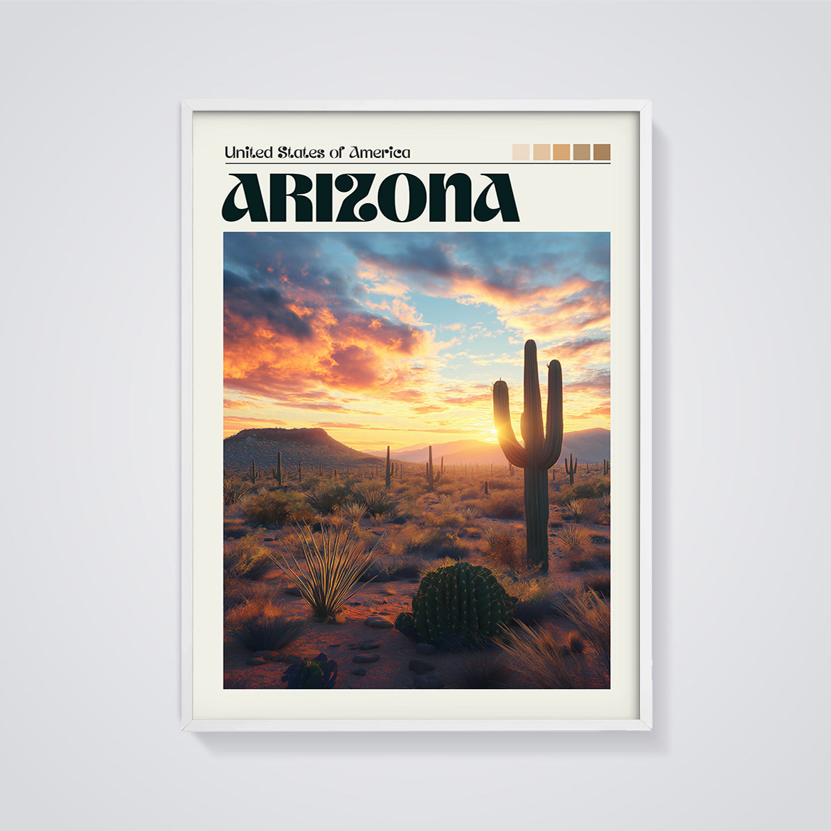 Arizona Sunset Saguaro Print framed in white on a grey background