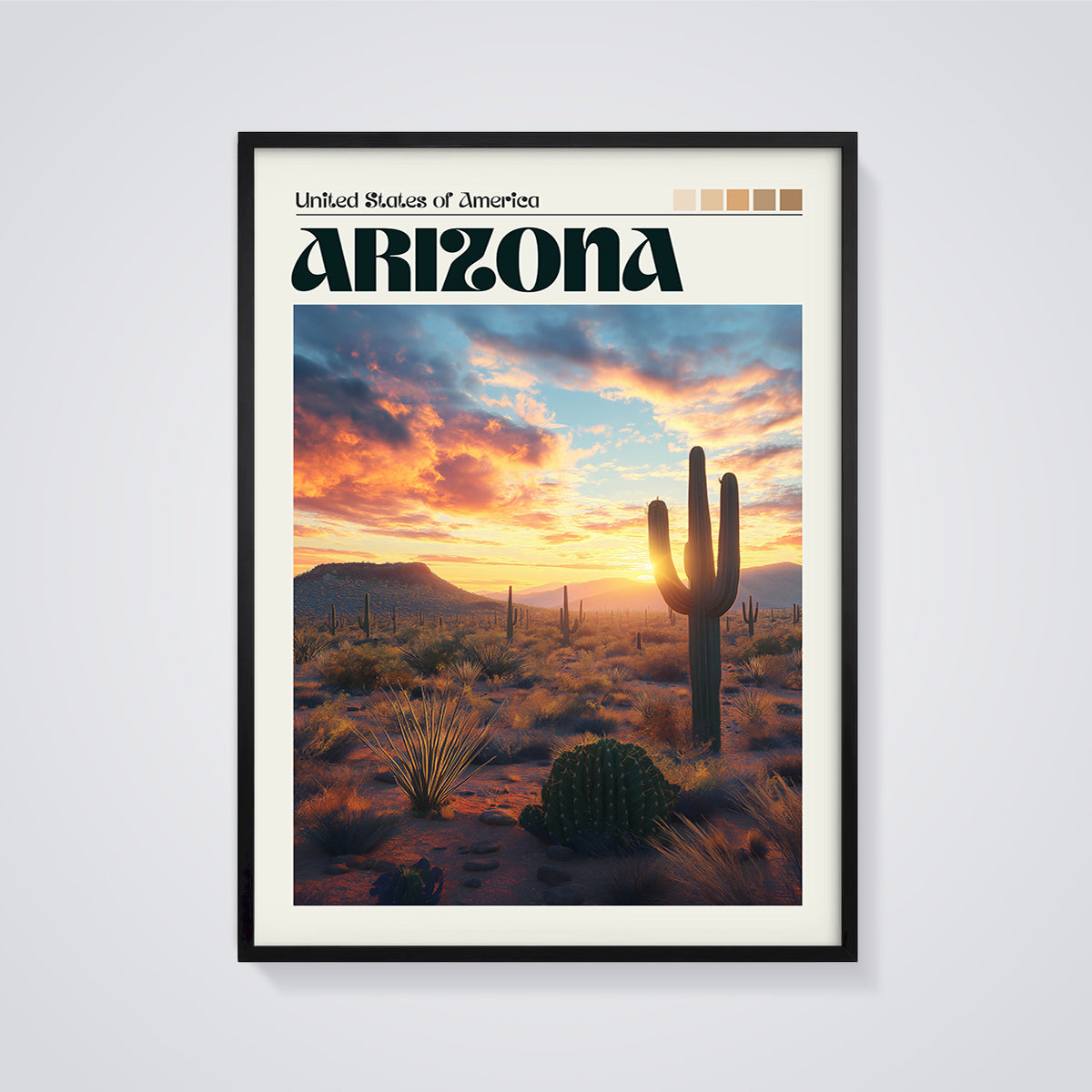 Arizona Sunset Saguaro Print framed in black on a grey background