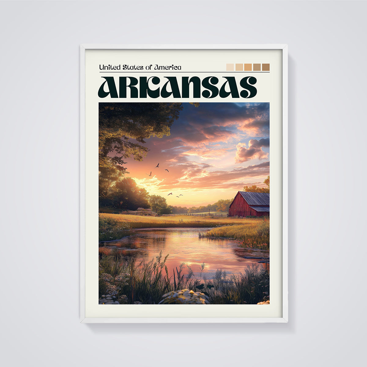 Arkansas Sunset Barn Print framed in white on a grey background