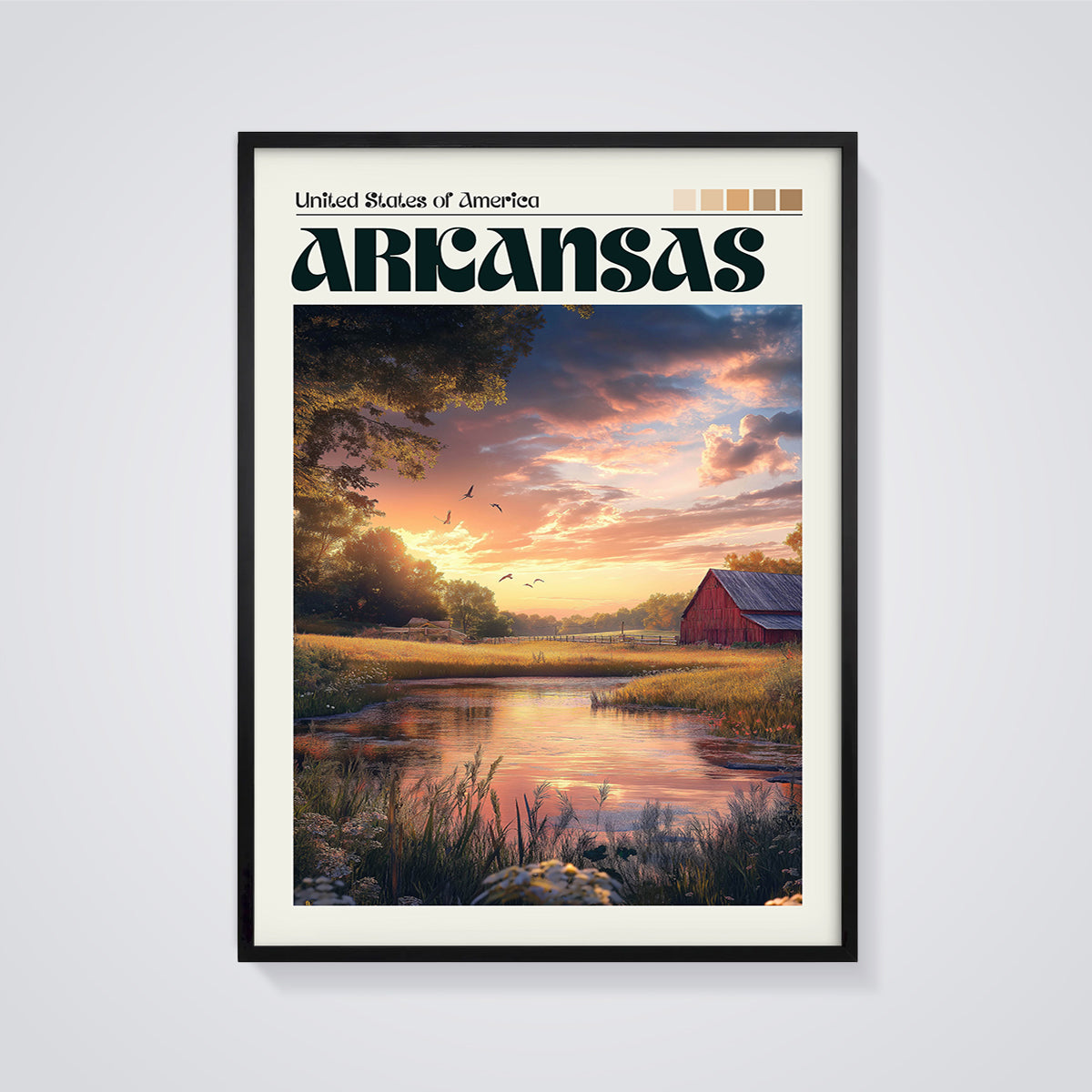 Arkansas Sunset Barn Print framed in black on a grey background