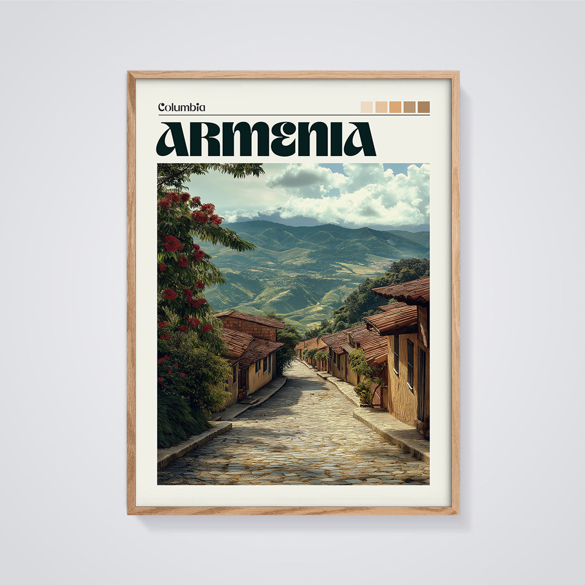 Armenia Colombia Street View Print framed in oak on a grey background